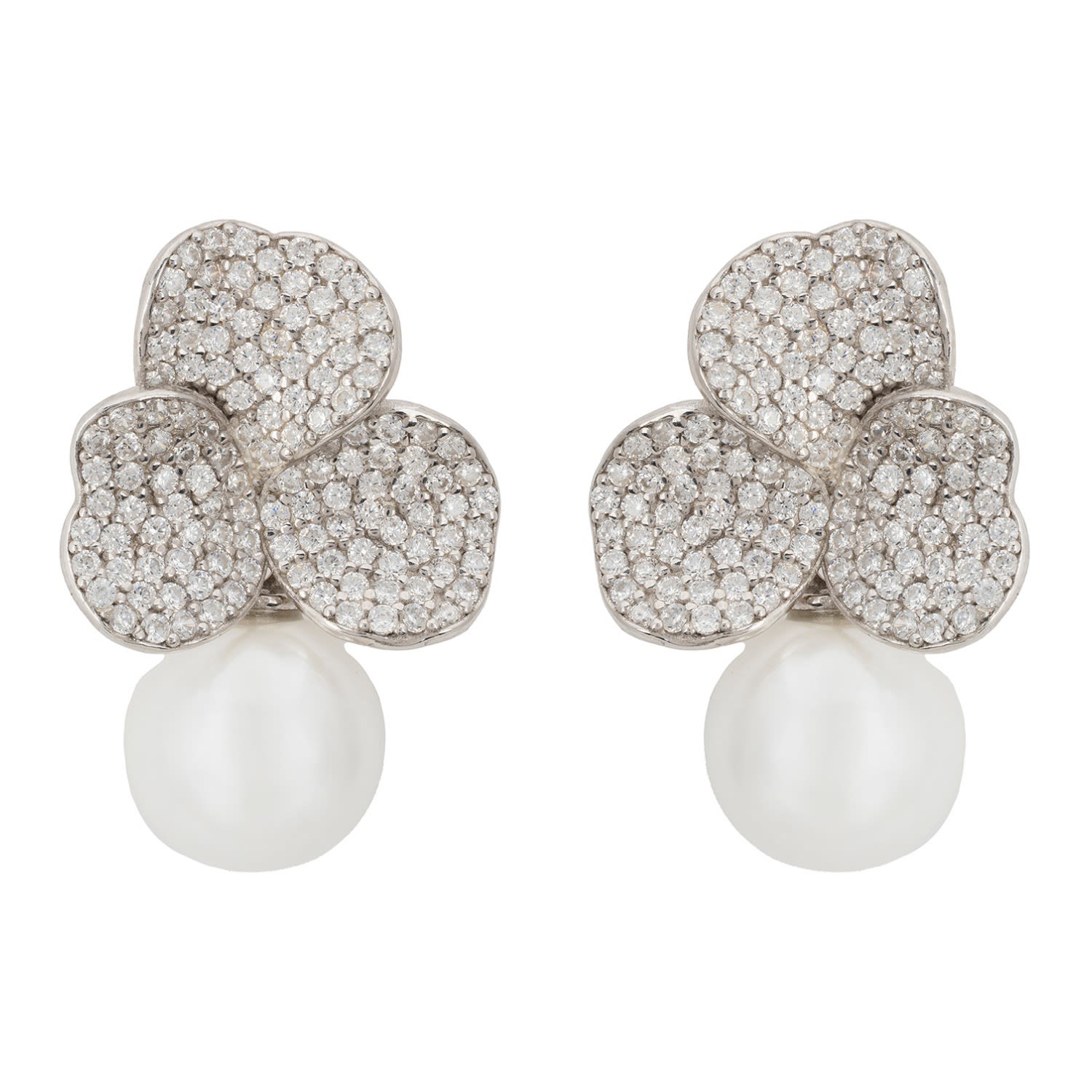 Iris Flower And Pearl Dangle Earrings Silver