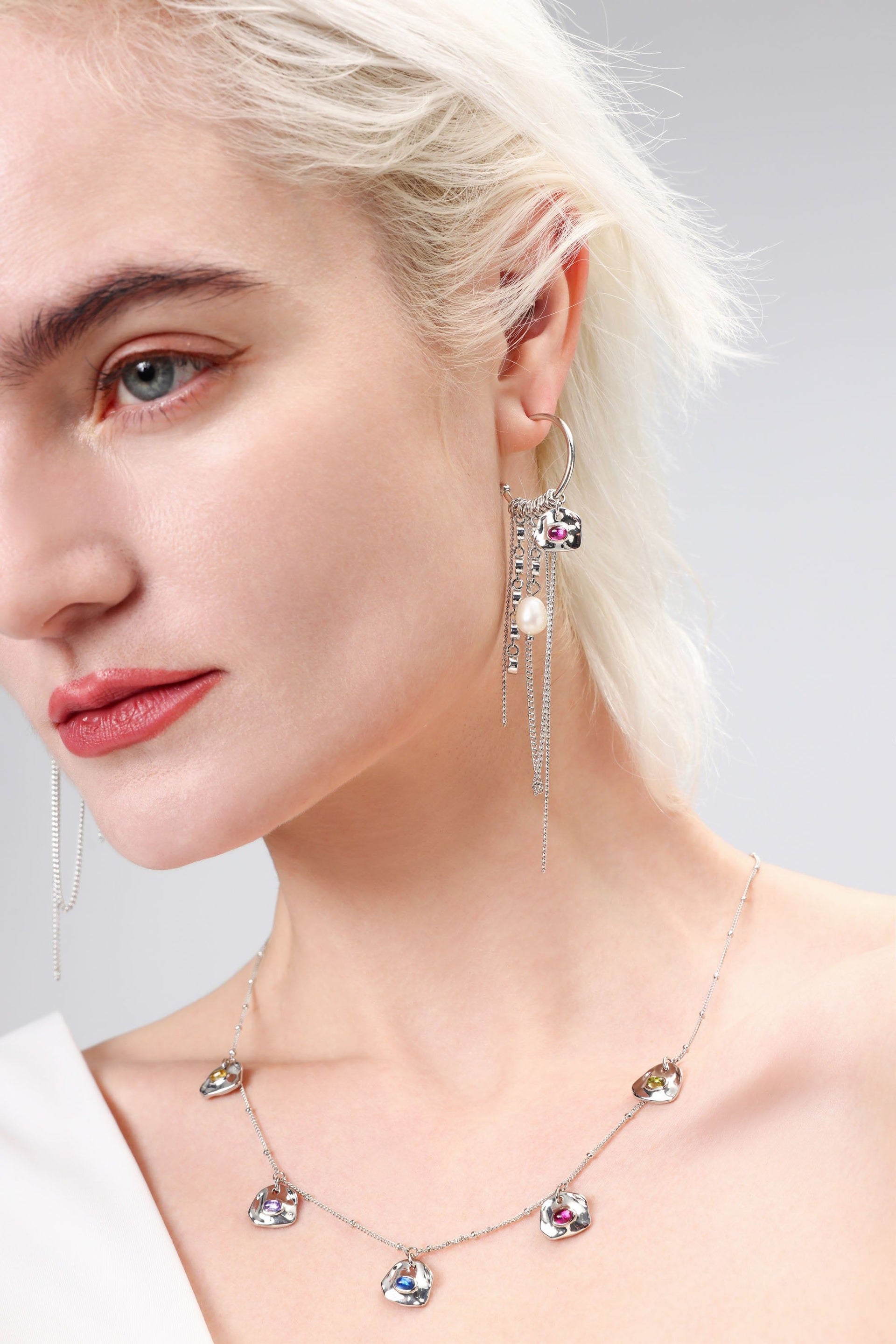 Iris Silver Radiant Reverie Gemstone Cascade Hoop Earrings-Hot Pink