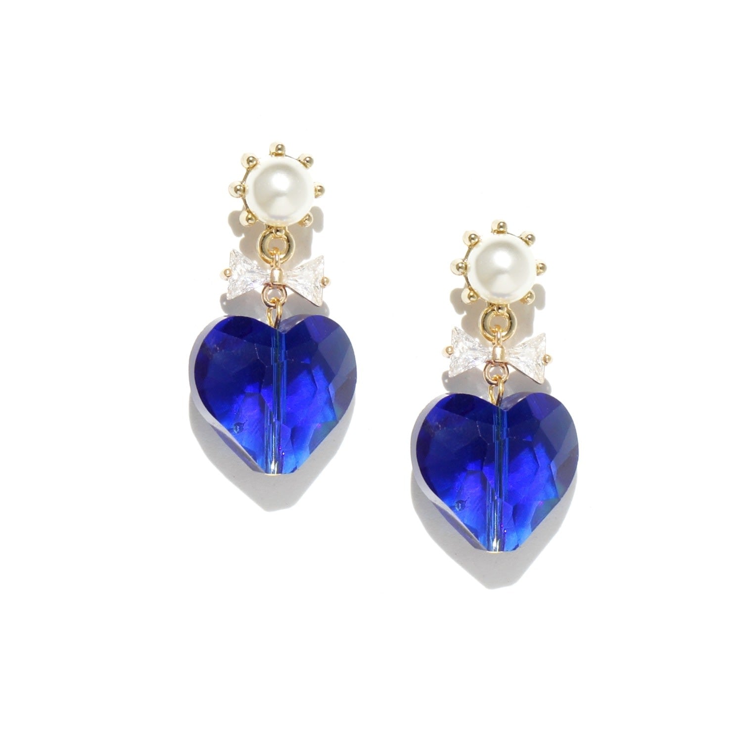 Whisper Of Heart Crystal Bow & Faceted Heart Drop Earrings - Royal Blue