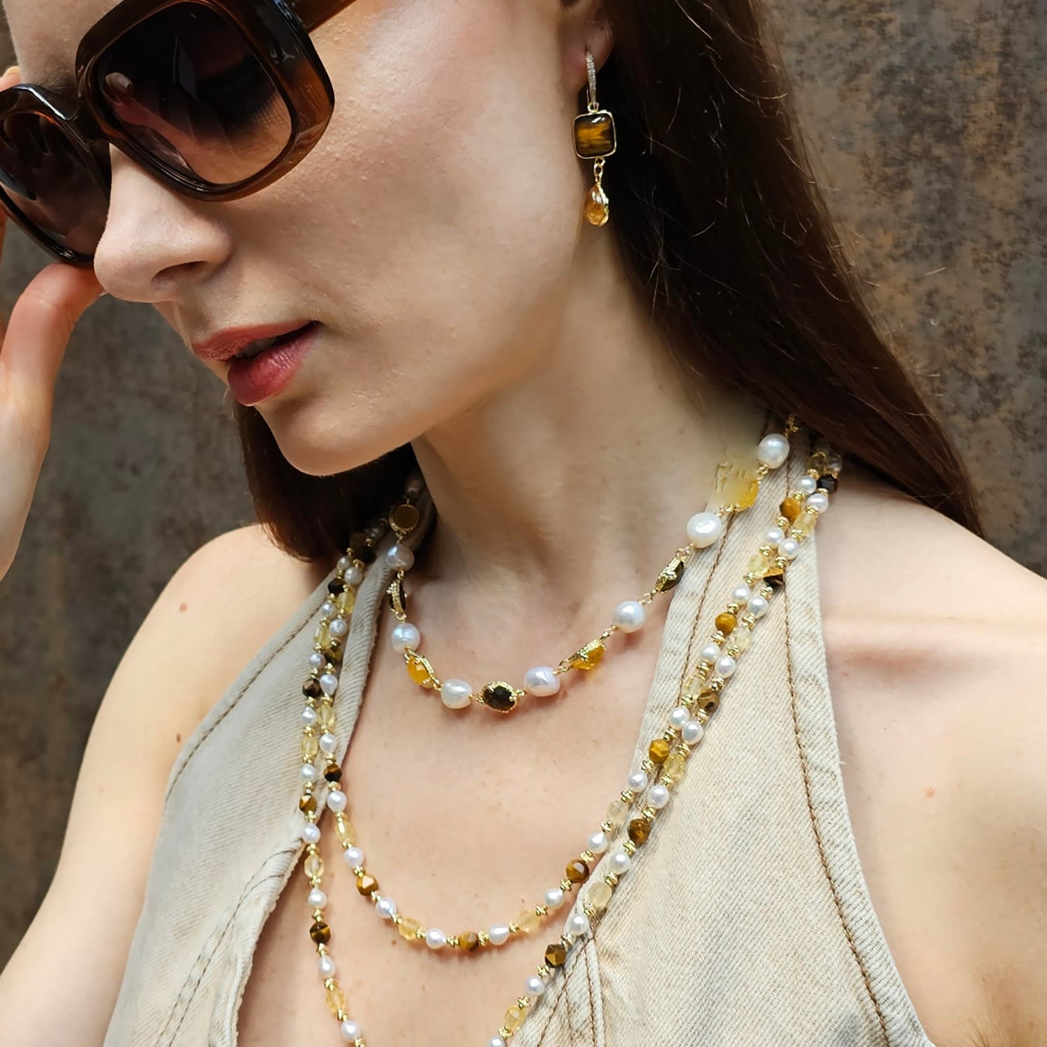 Irregular Freshwater Pearls With Yellow Quartz And Tiger-Eye Stone Necklace