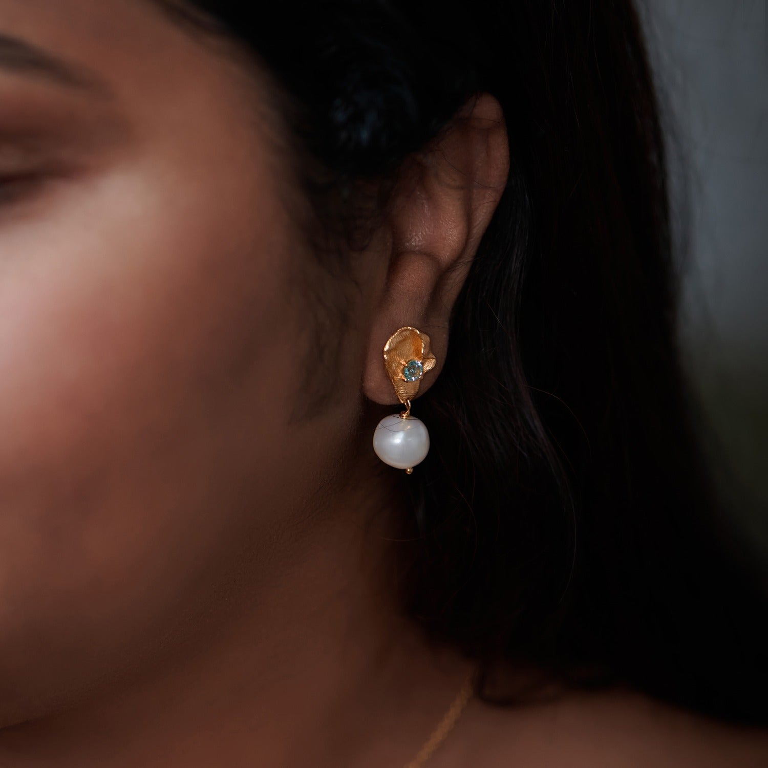 Irregular Organic Toul Gold Vermeil Blue Topaz Pearl Drop Earrings