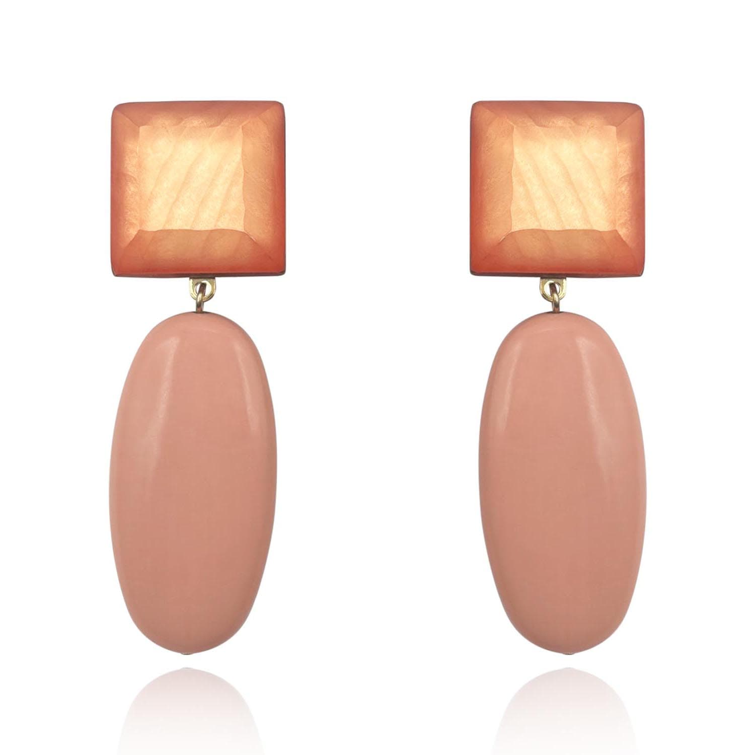 Italian Resin Square Top With Elongated Oval Drop Clip Earring In Pale Coral - Statement Jewelry