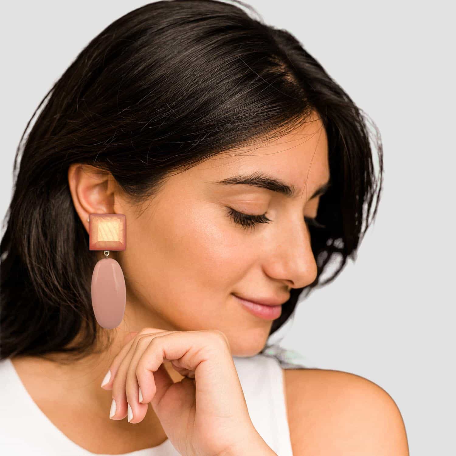 Italian Resin Square Top With Elongated Oval Drop Clip Earring In Pale Coral - Statement Jewelry