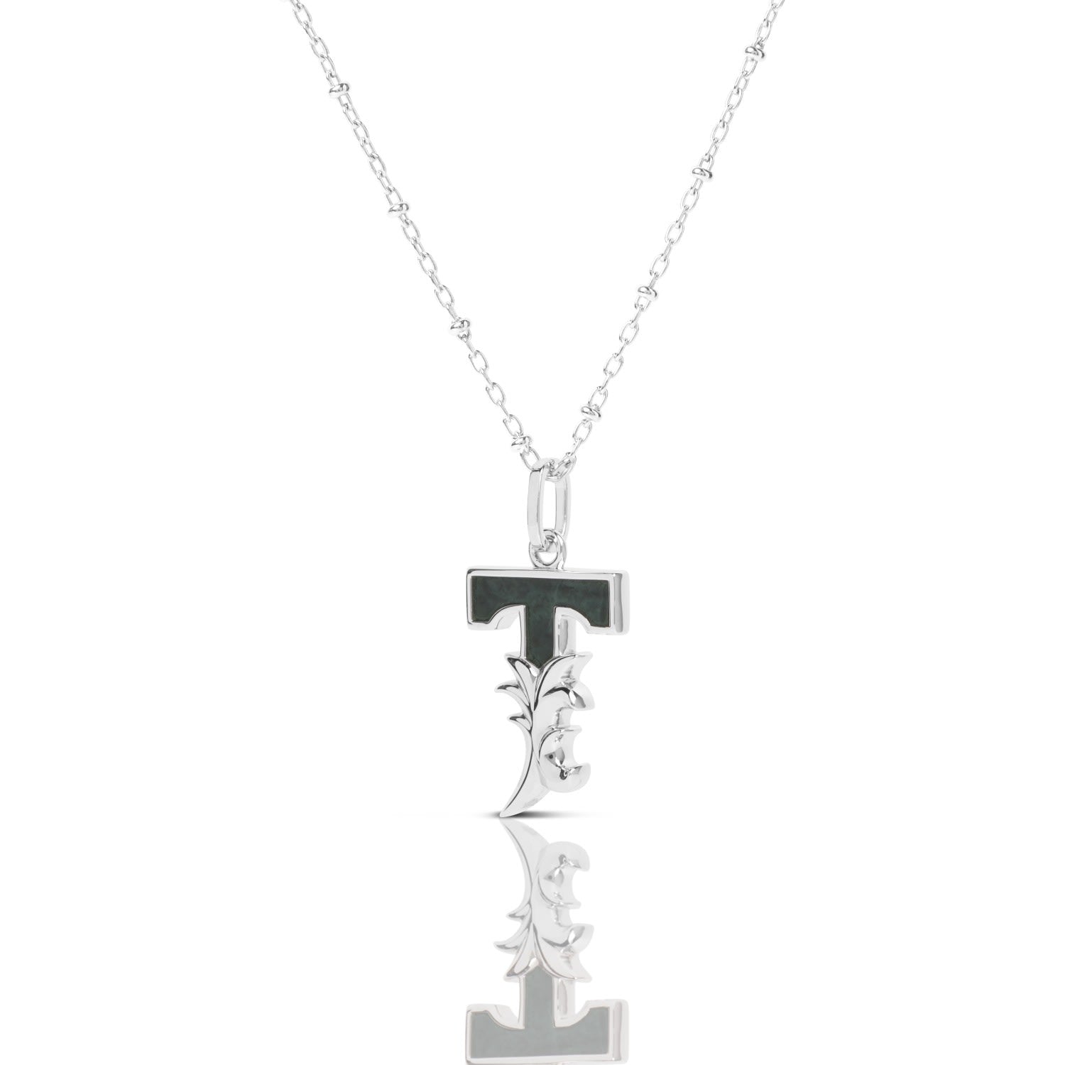 Solid Silver T Initial Necklace With Green Marble