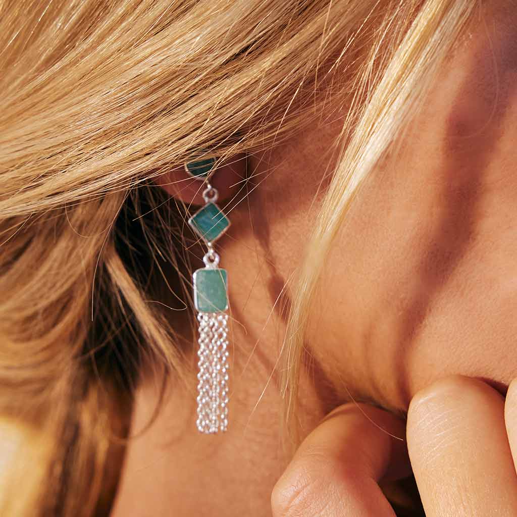 Seventh Heaven Chandelier Silver Statement Earrings - Amazonite
