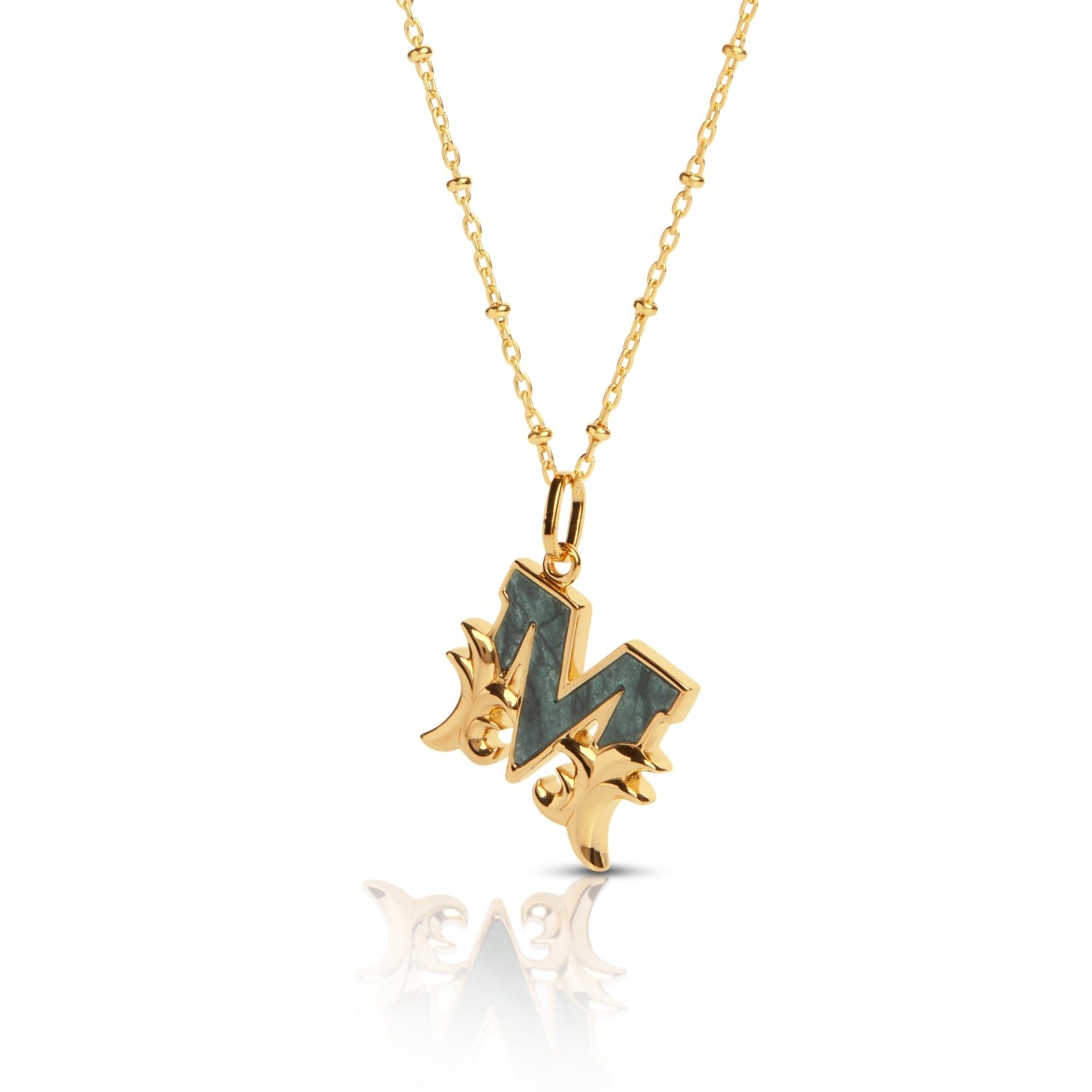Gold Plated M Initial Necklace With Green Marble