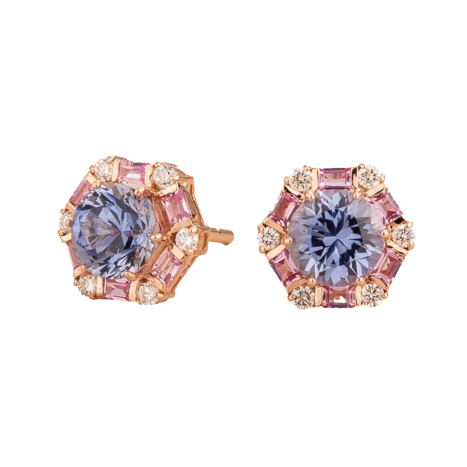 Melba Rose Gold Earrings Ceylon Blue Sapphires, Pink Sapphire & Diamond