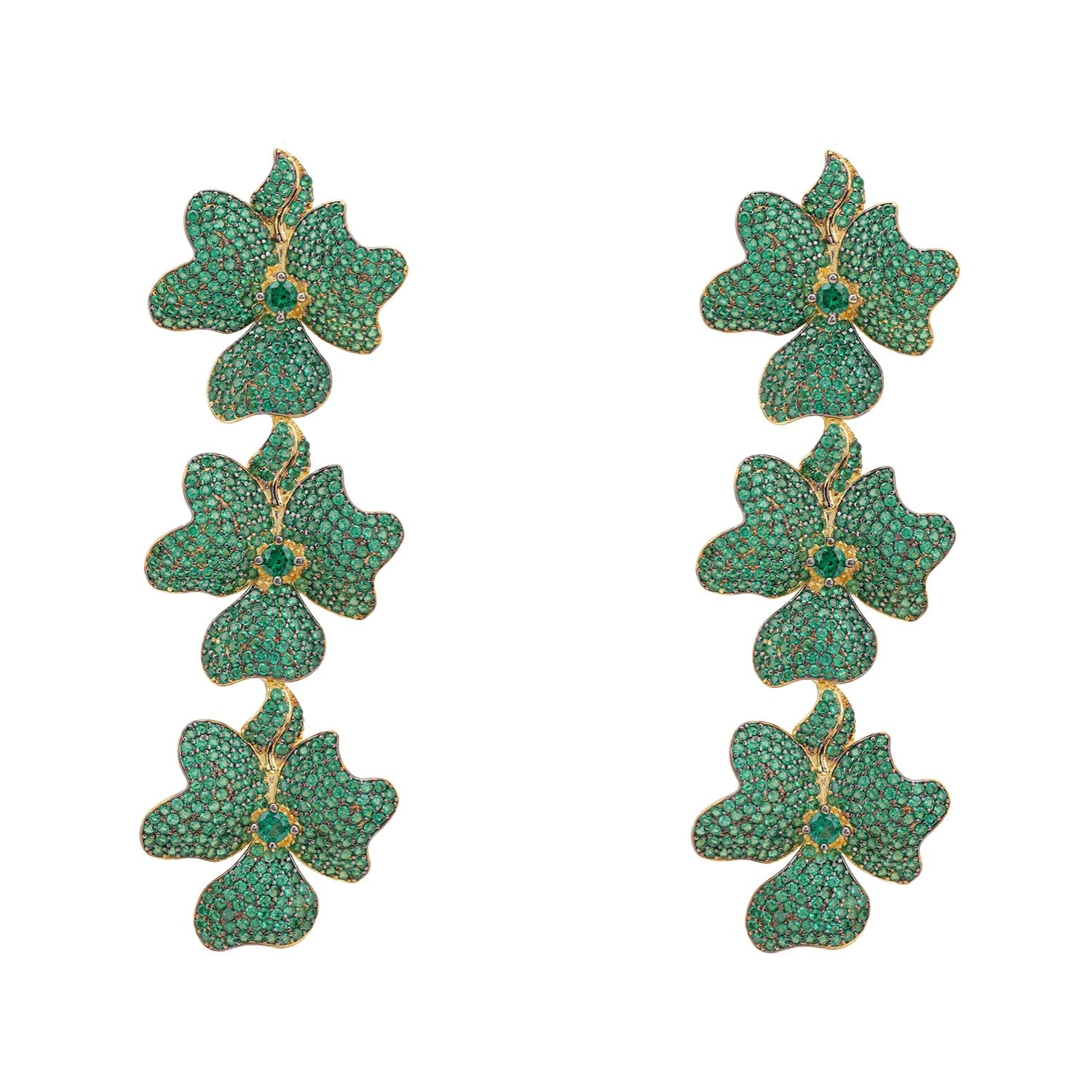 Jasmine Flower Triple Drop Earrings Gold Emerald Green
