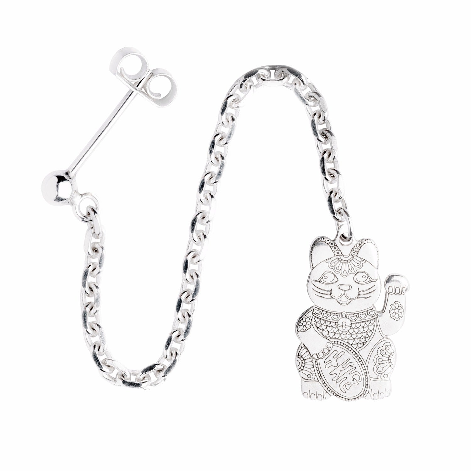 Silver Lucky Cat Single Long Drop Earring