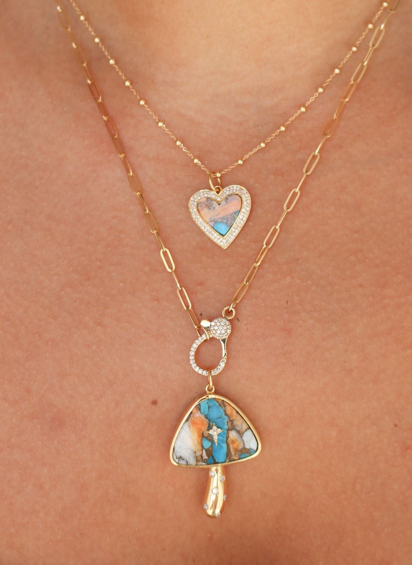 Gold Diamond Oyster Turquoise Mushroom Pendant