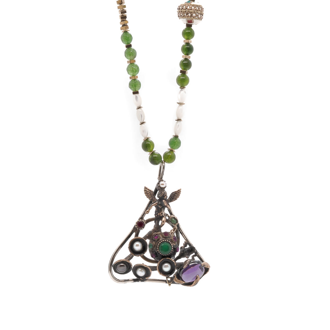 Jade & Amethyst Gemstone Handmade Angel Pendant Beaded Necklace - Green