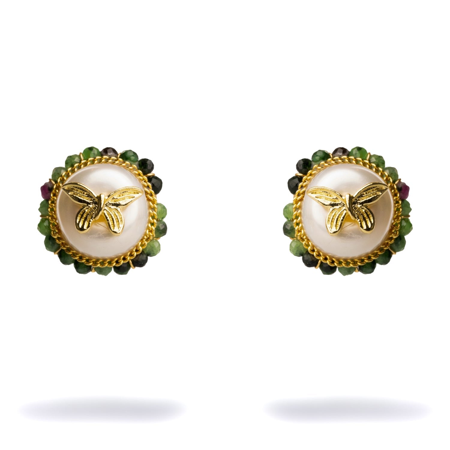 Jade Halo Pearl & Gold Butterfly Stud Earrings - Green