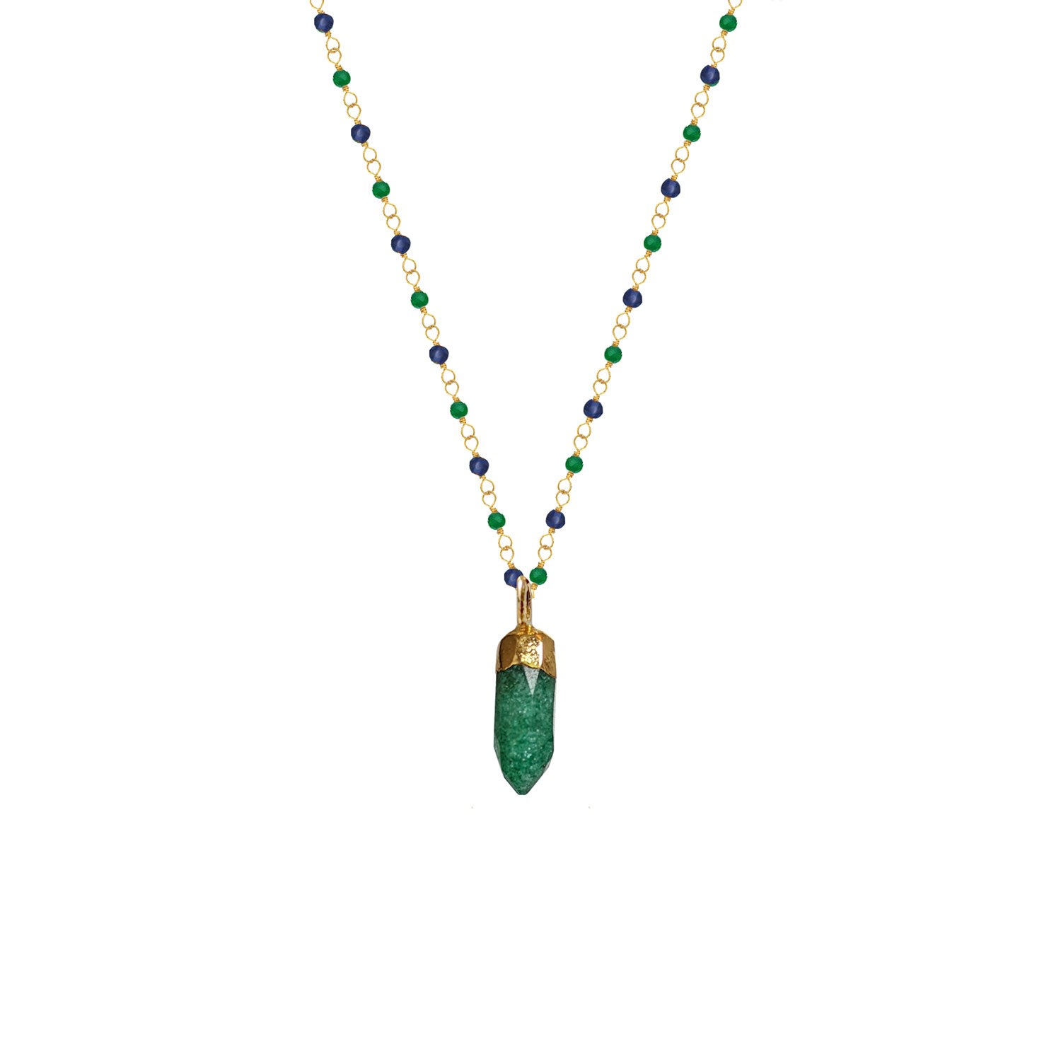 Jade Mini Point Pendant On Emerald & Sapphire Rosary