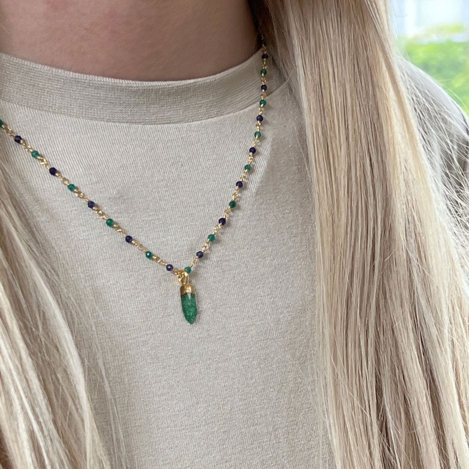 Jade Mini Point Pendant On Emerald & Sapphire Rosary