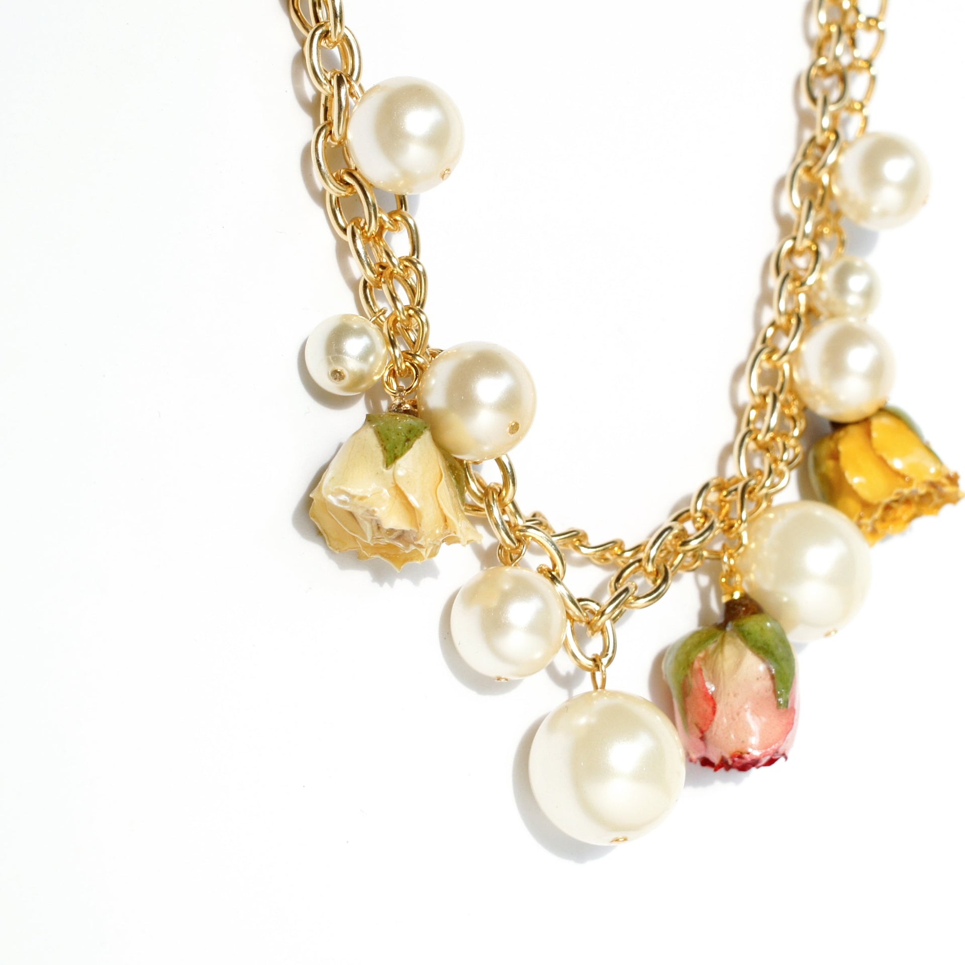Real Flower Queen Anne Charm Necklace With Real Rosebuds And Pearls