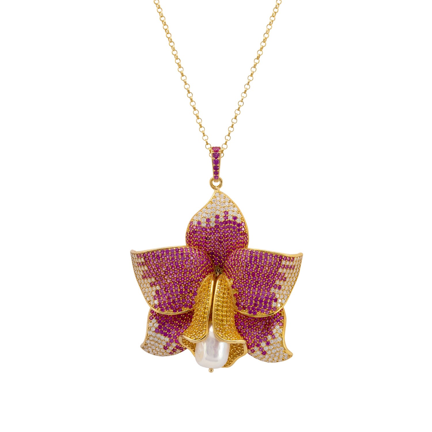 Daffodil With Pearl Pendant Necklace Gold Ruby Cz