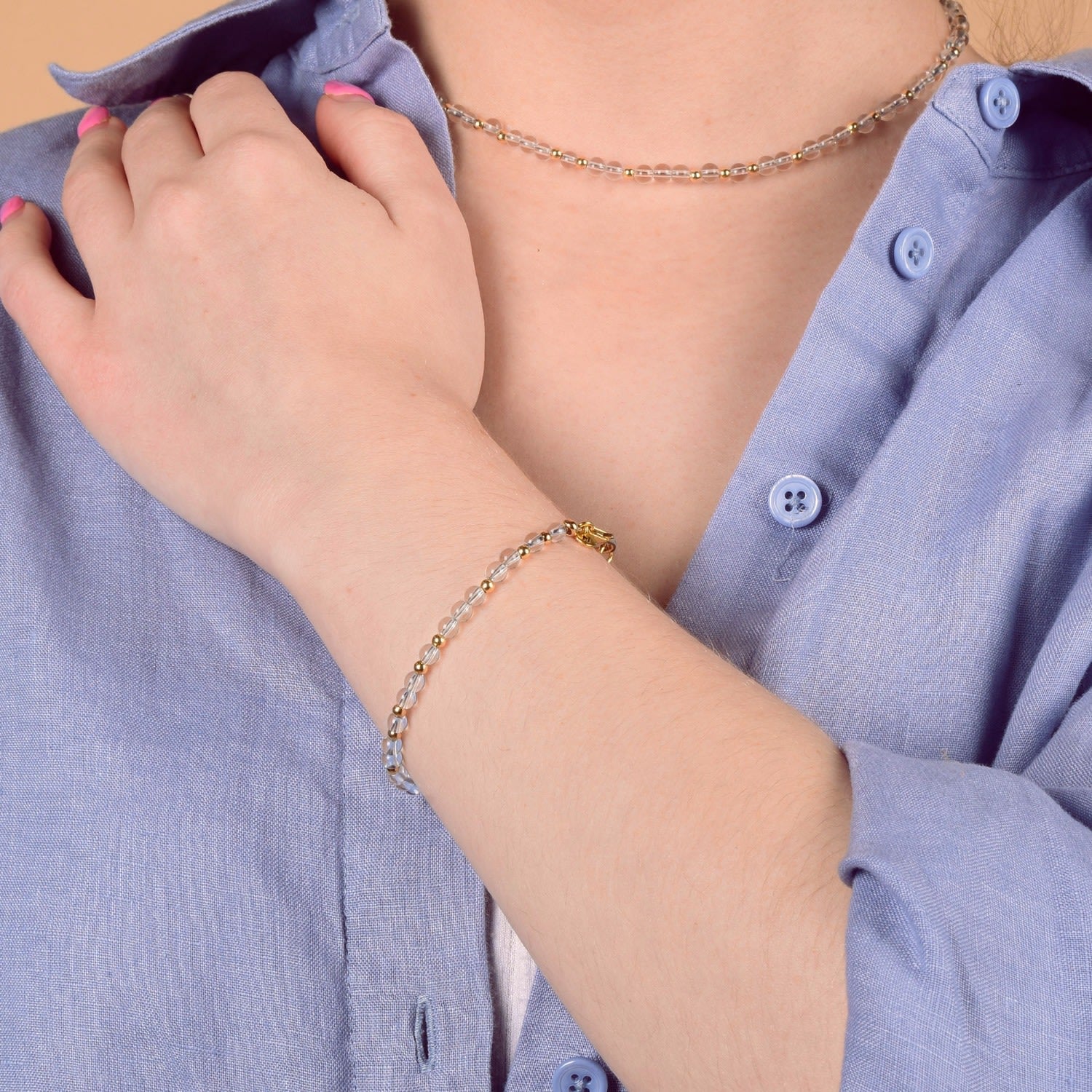 Jewel Bead April Birthstone Bracelet Gold Plated Sterling Silver - Crystal