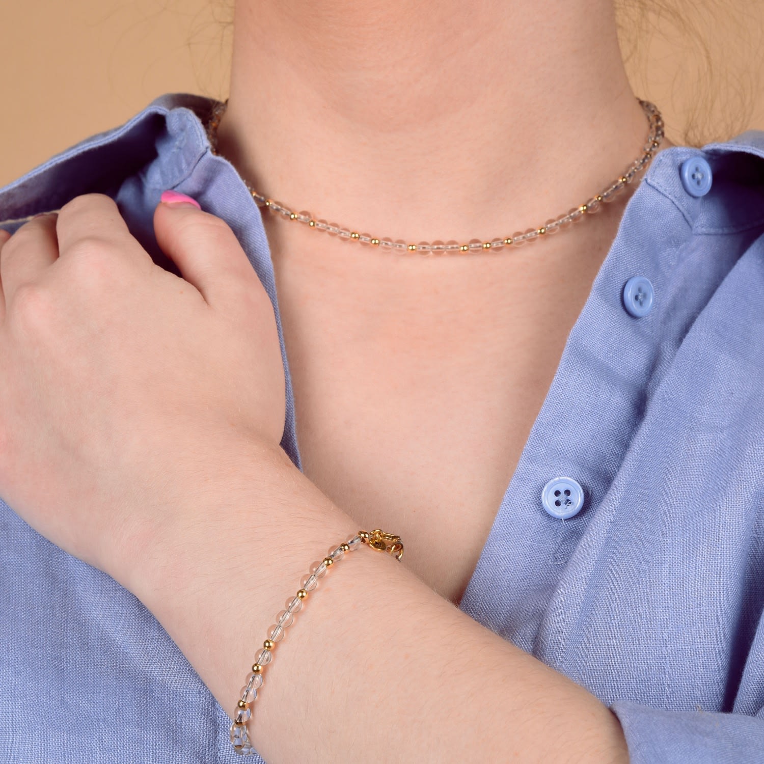 Jewel Bead April Birthstone Necklace Gold Plated Sterling Silver - Crystal