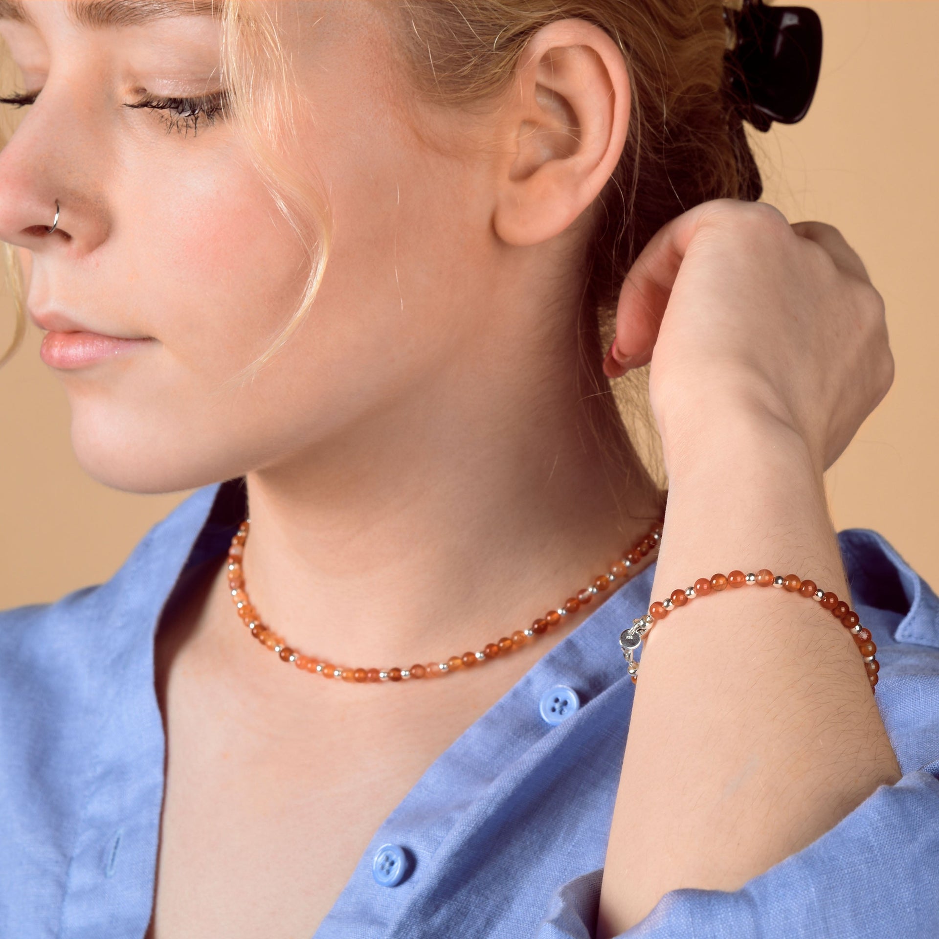 Jewel Bead July Birthstone Bracelet Sterling Silver - Carnelian