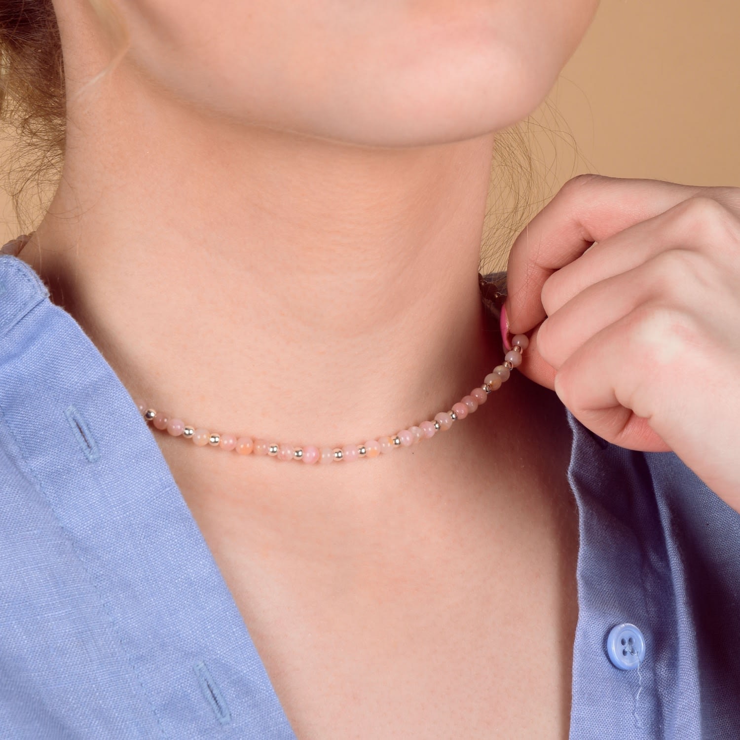 Jewel Bead October Birthstone Necklace Gold Plated Sterling Silver - Pink Opal