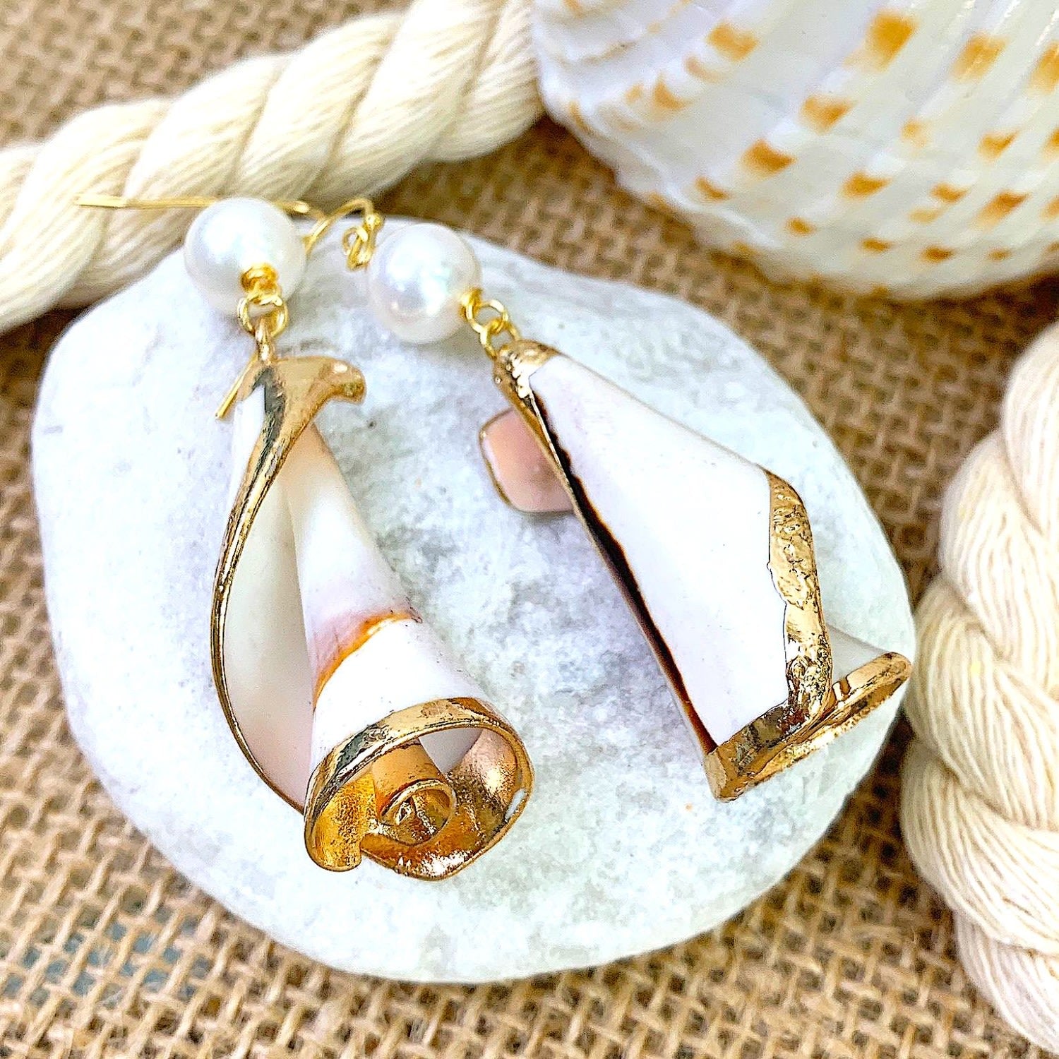 Shell With Freshwater Pearls Dangle Earrings