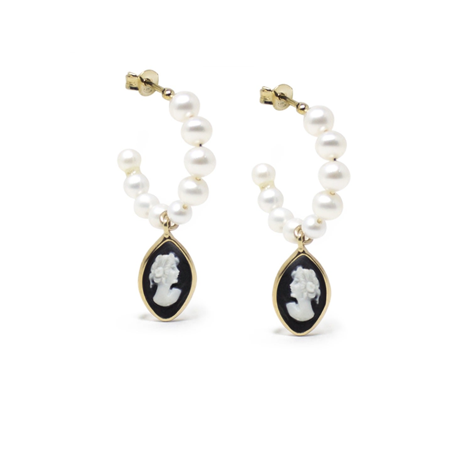 April Gold-Plated Pearl And Black Cameo Hoop Earrings