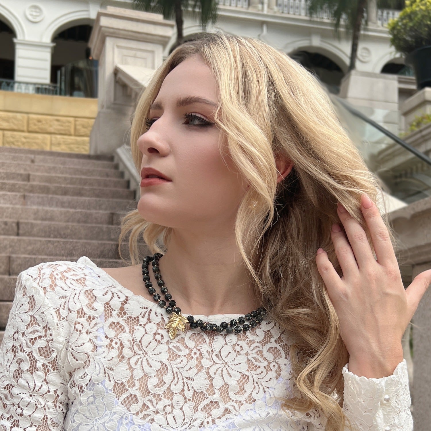 Double Layers Black Snowflake Obsidian With Maple Leave Pendant Necklace