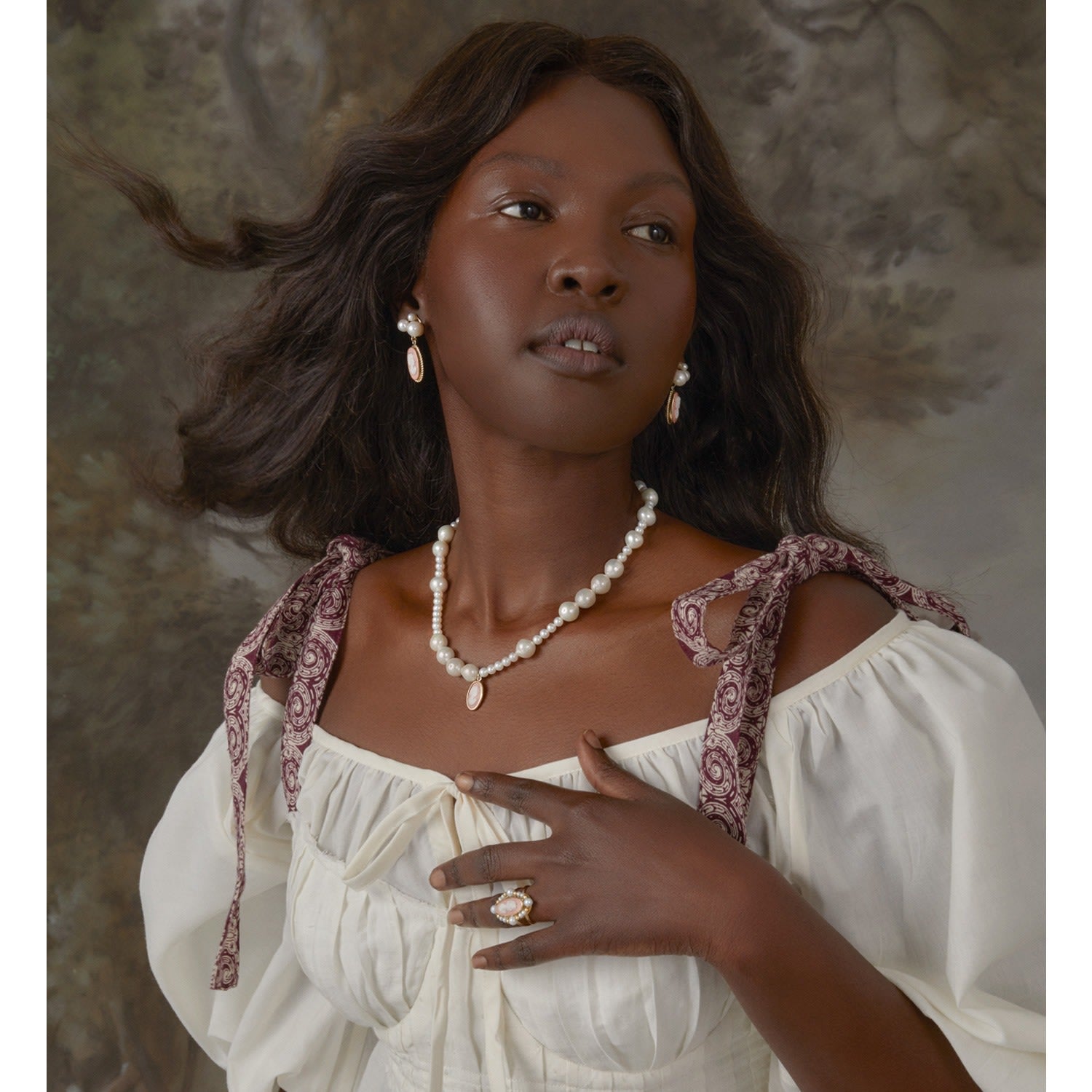 Boreas Mismatched Pearl And Pink Cameo Necklace