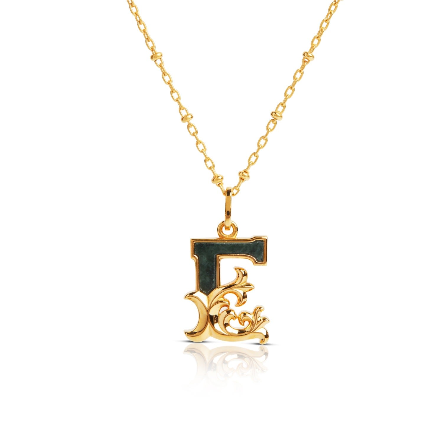 Gold Plated E Initial Necklace With Green Marble