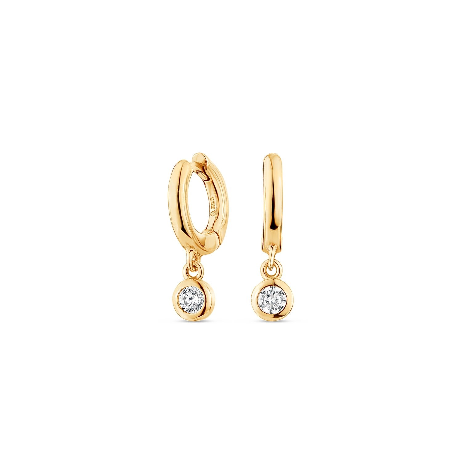 Minx Solitaire Huggie Earrings With Man Made Cz Diamond Stimulant In Sterling Silver & 18K Gold Vermeil