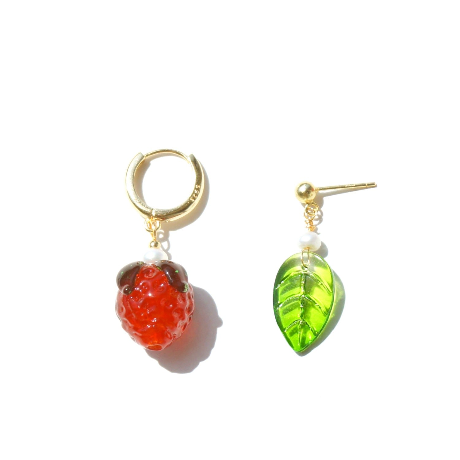 Strawberry Huggie Hoop & Leaf Stud Mismatched Earrings