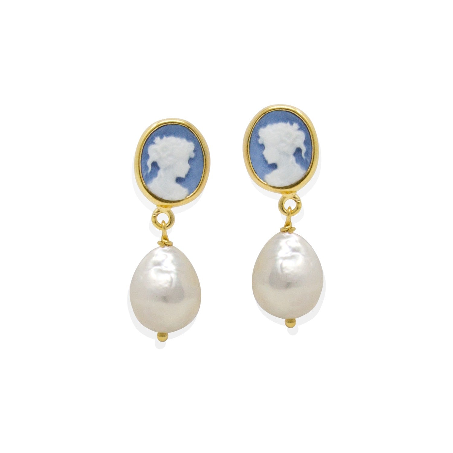 Sky Blue Mini Cameo & Pearl Drop Earrings