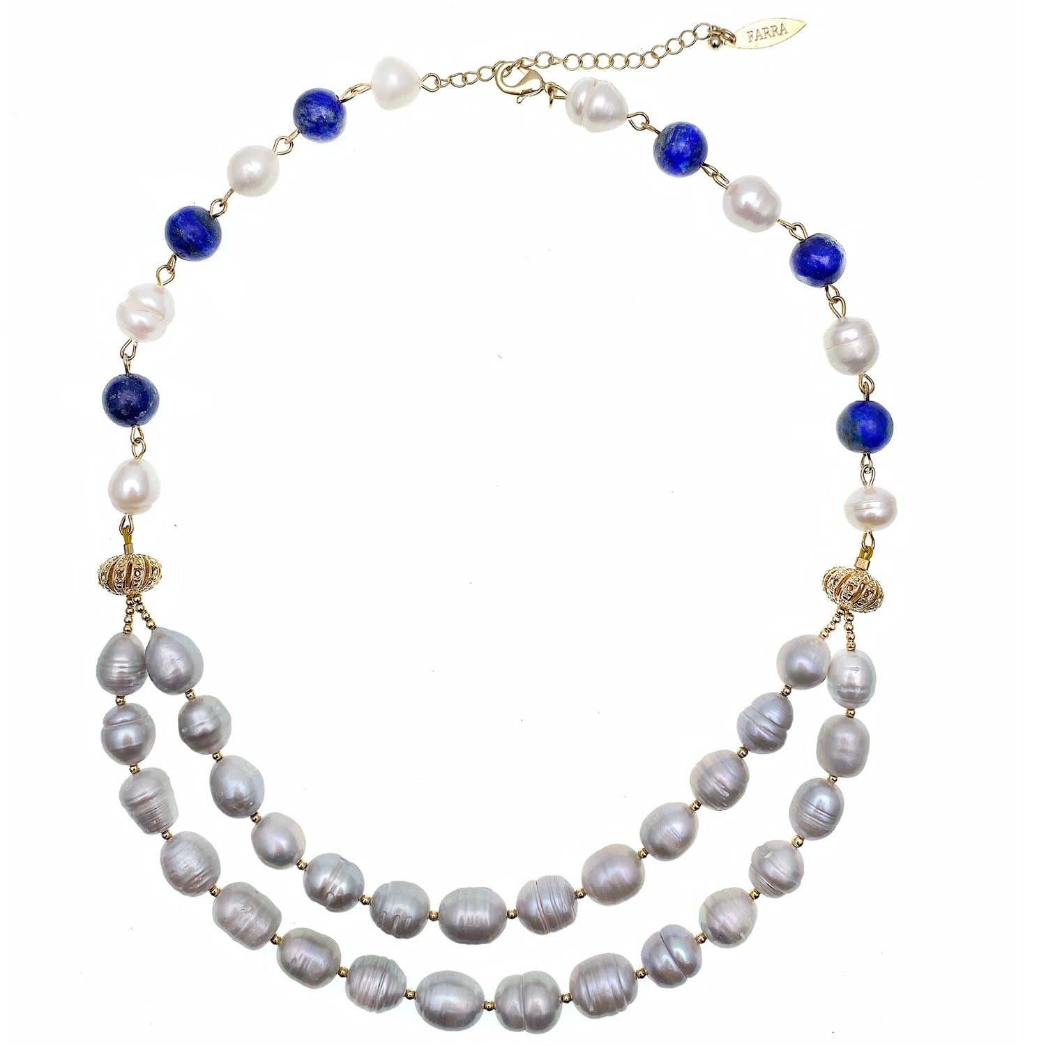 Gray Freshwater Pearls With Round Lapis Double Strands Necklace