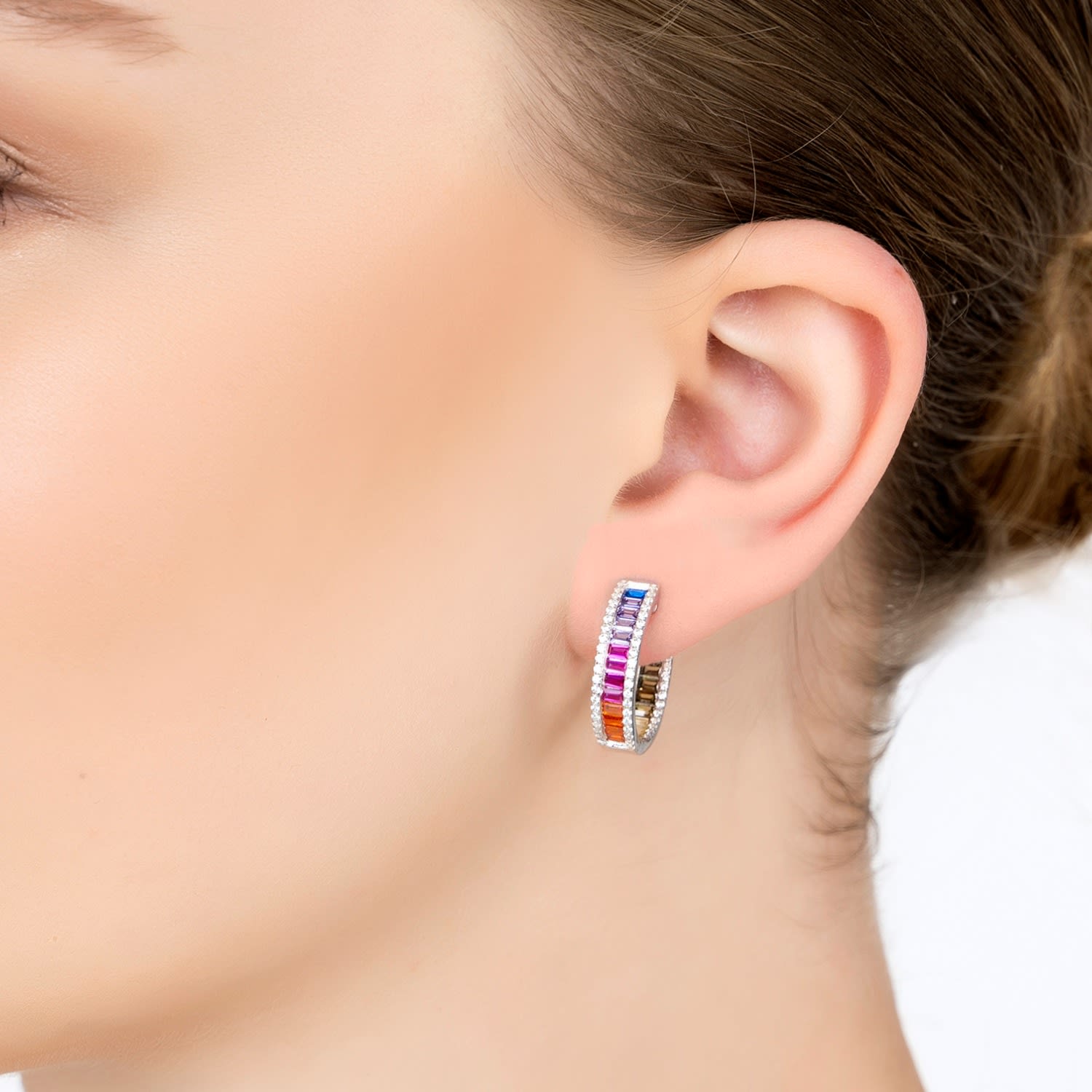 Judy Rainbow Baguette Hoop Earrings Silver