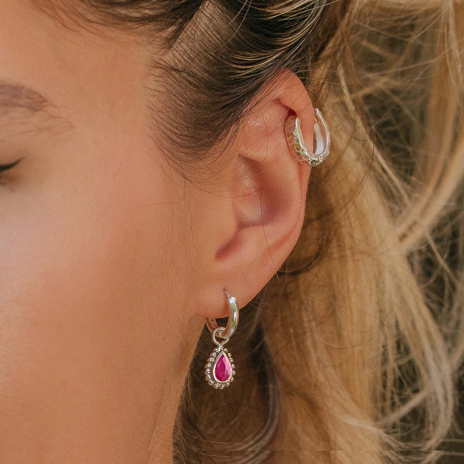 July Birthstone Sterling Silver Huggie Hoops - Ruby