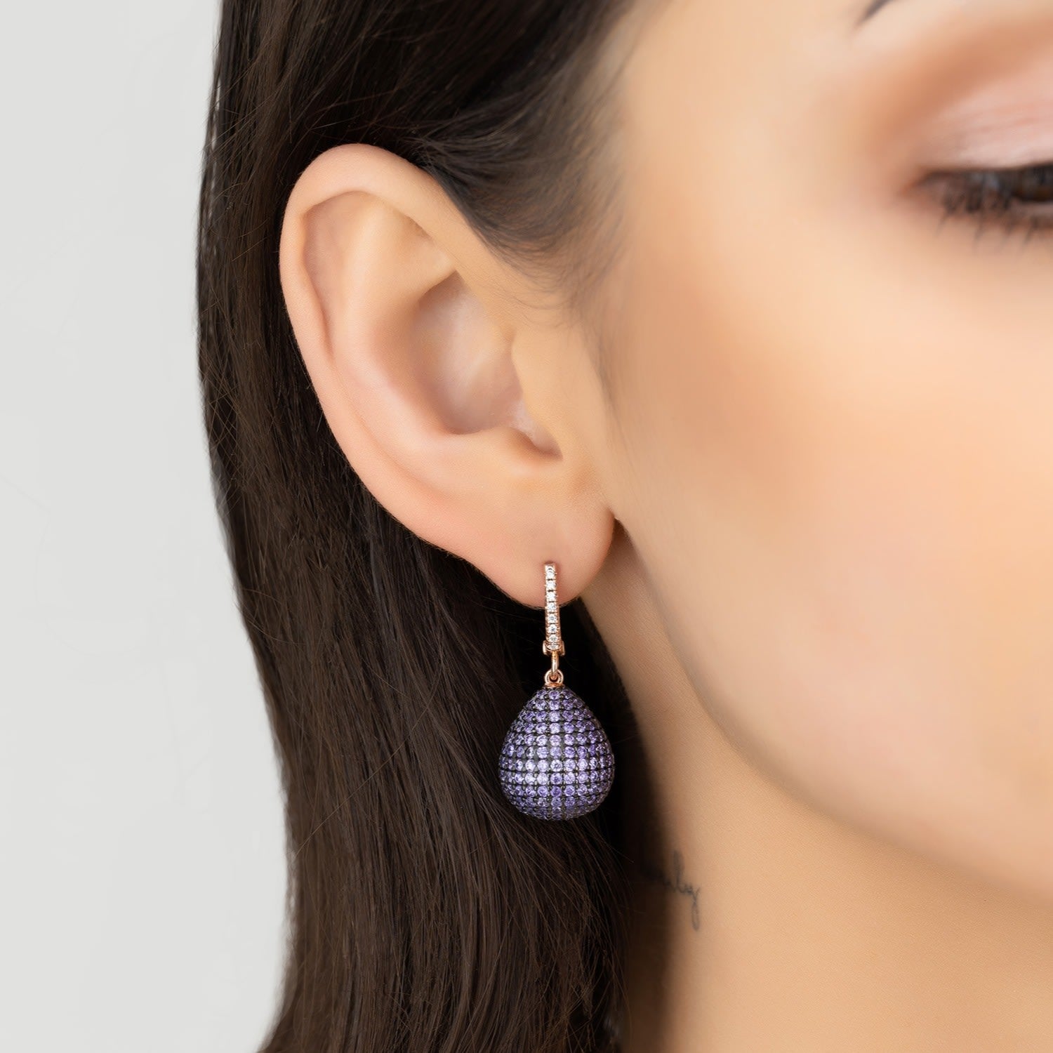 Valerie Pear Drop Gemstone Earrings Rosegold Purple Amethyst Cz