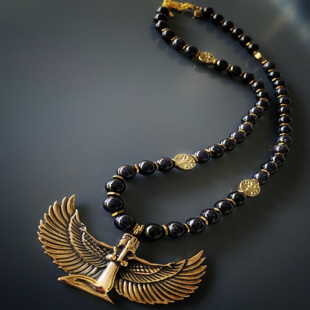 Magical Goddess Isis Pendant Black Beaded Necklace - Black