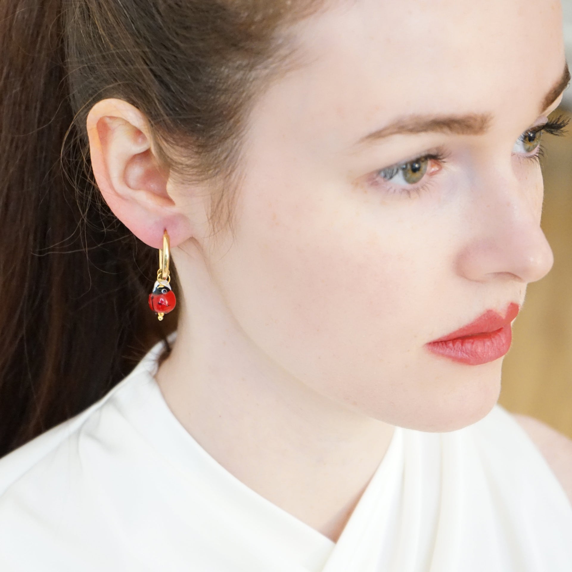 Pearl Hoop Earrings Ladybug