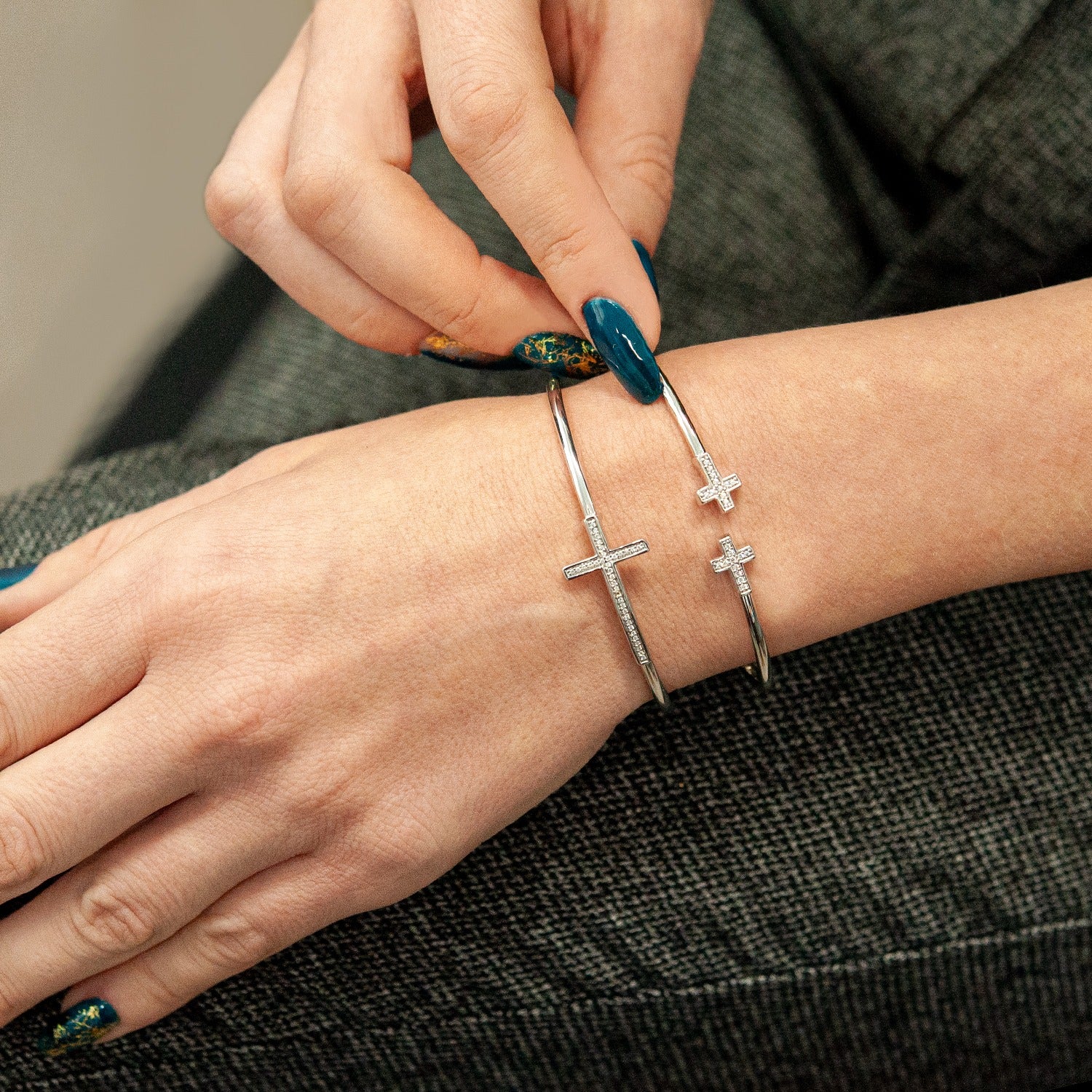 Silver Bruna Diamond Cross Bangle Bracelet