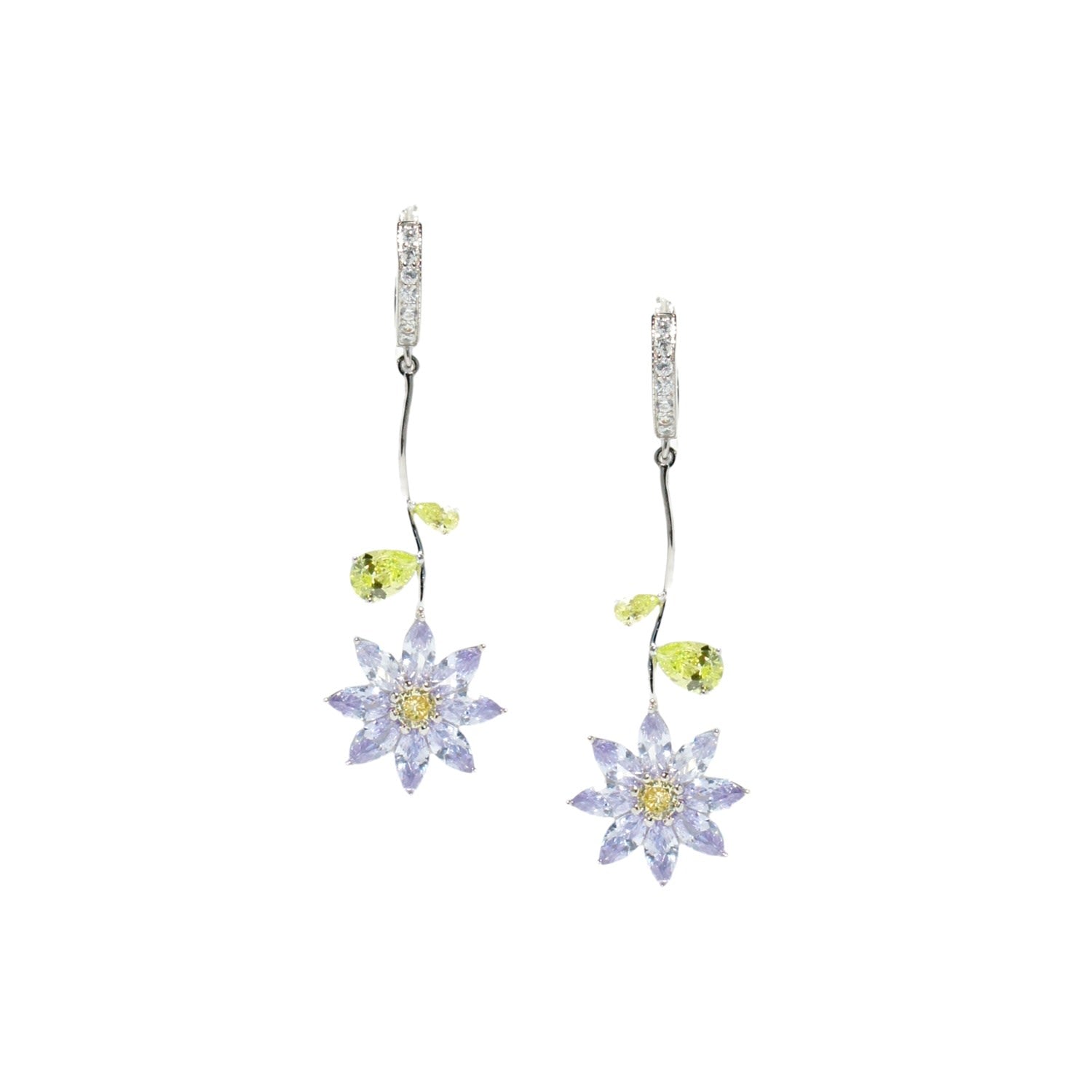 Garden Tales Crystal Daisy Drop Earring With Pave Hoops, Lilac