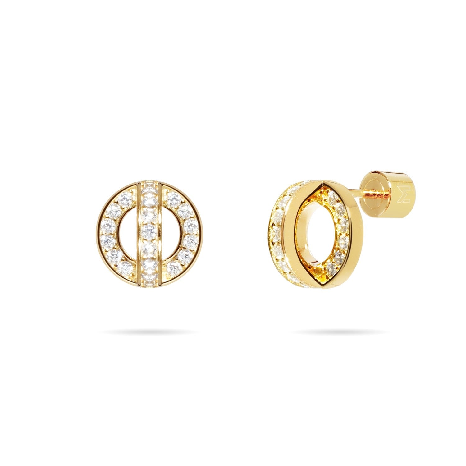 Circle And Arc Pave Cz Stud Earrings - Gold