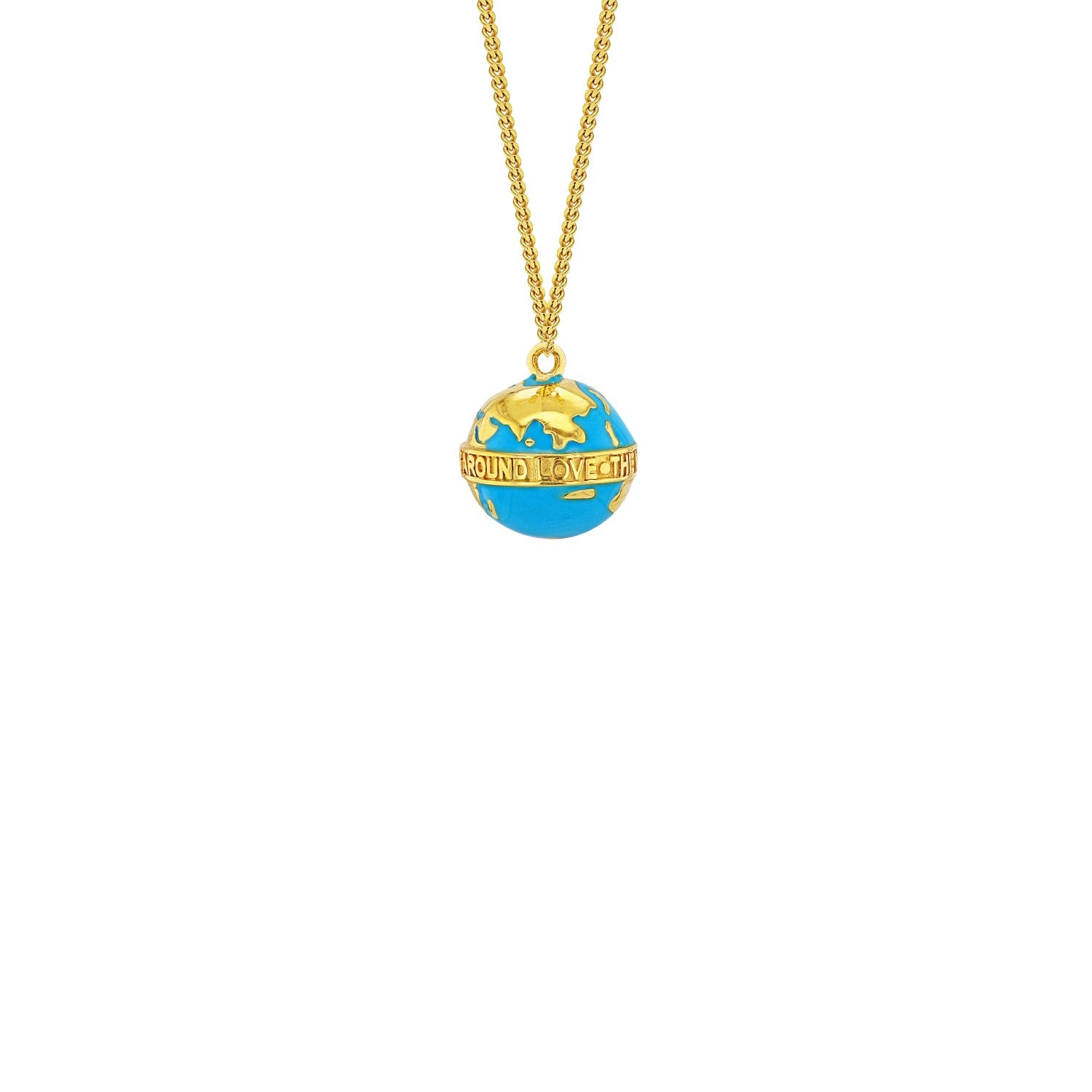 Turquoise Enamel & Gold Plated Mini Globe Pendant Hung On Gold Plated Chain