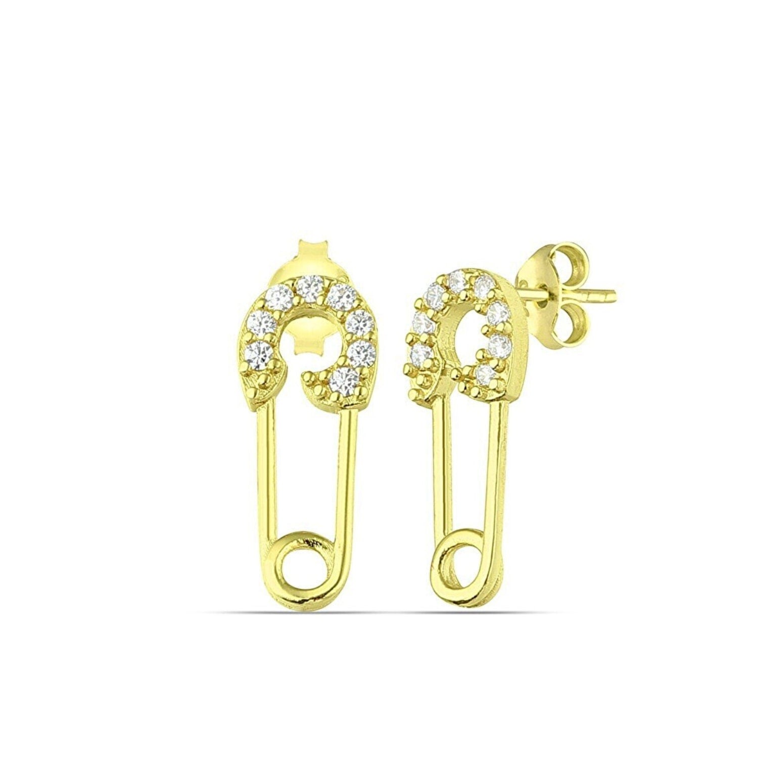 Sterling Silver Jewelled Mini Safety Pin Stud Earring - Gold