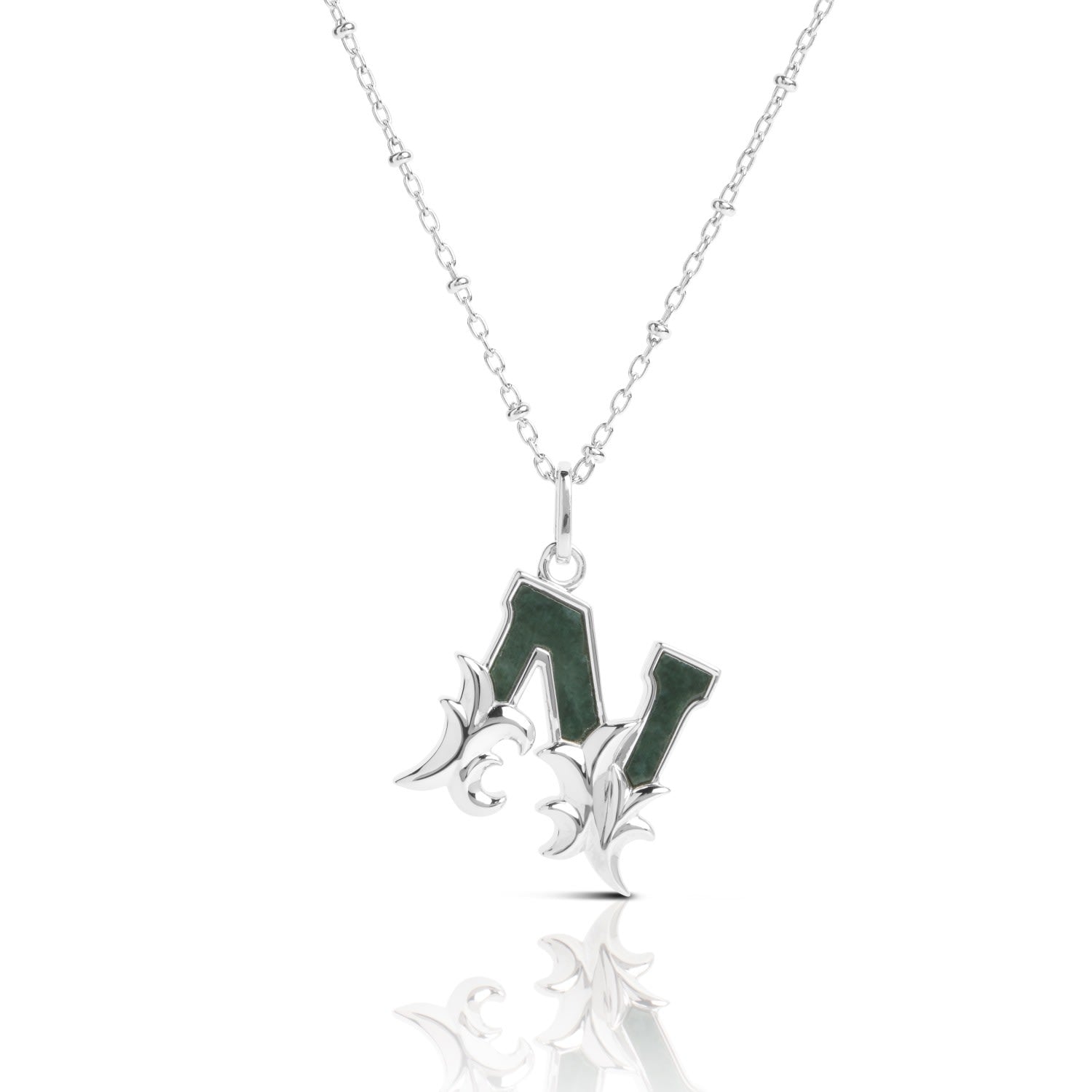 Solid Silver N Initial Necklace With Green Marble