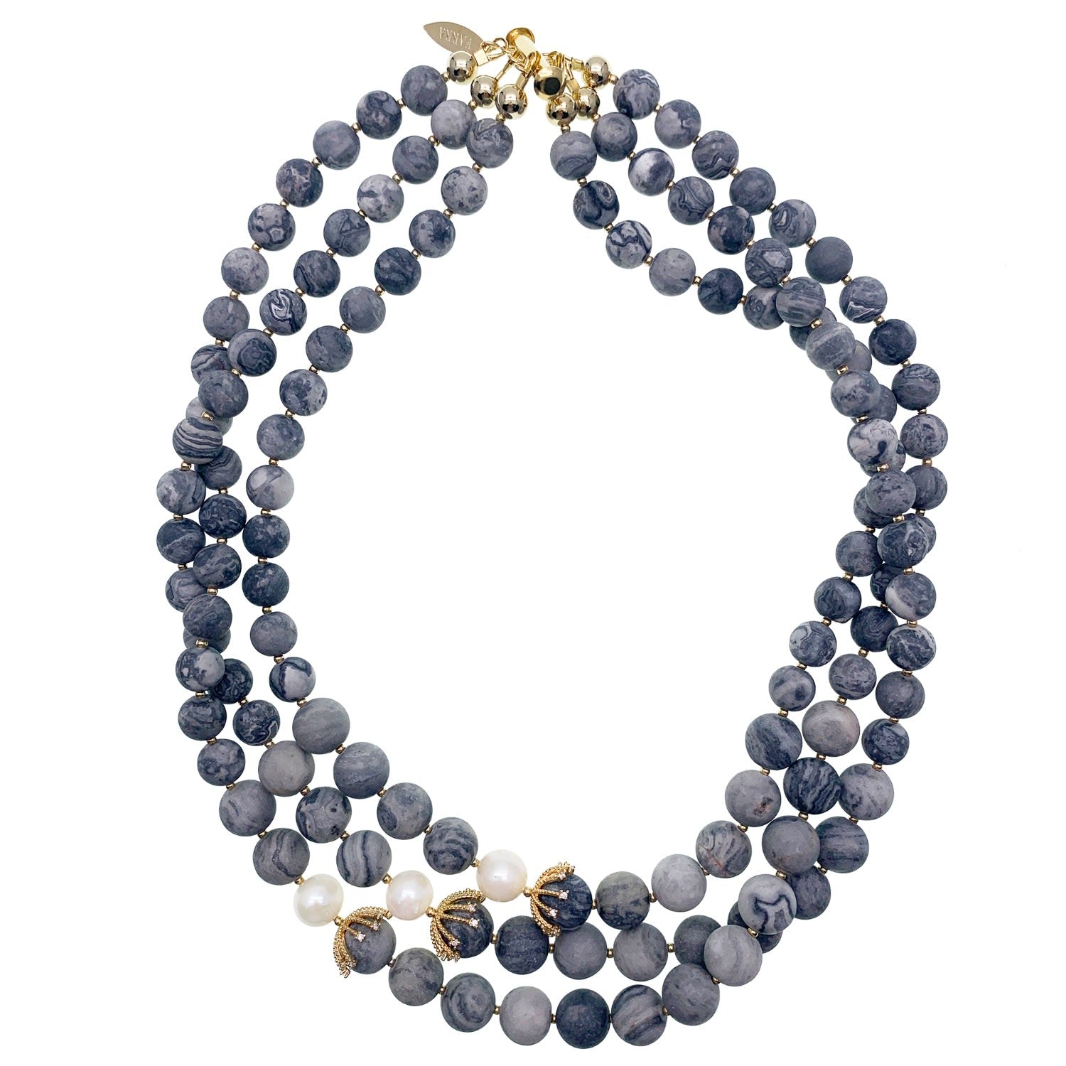 Classic Multi-Layers Gray Agate With White Pearls Statement Necklace