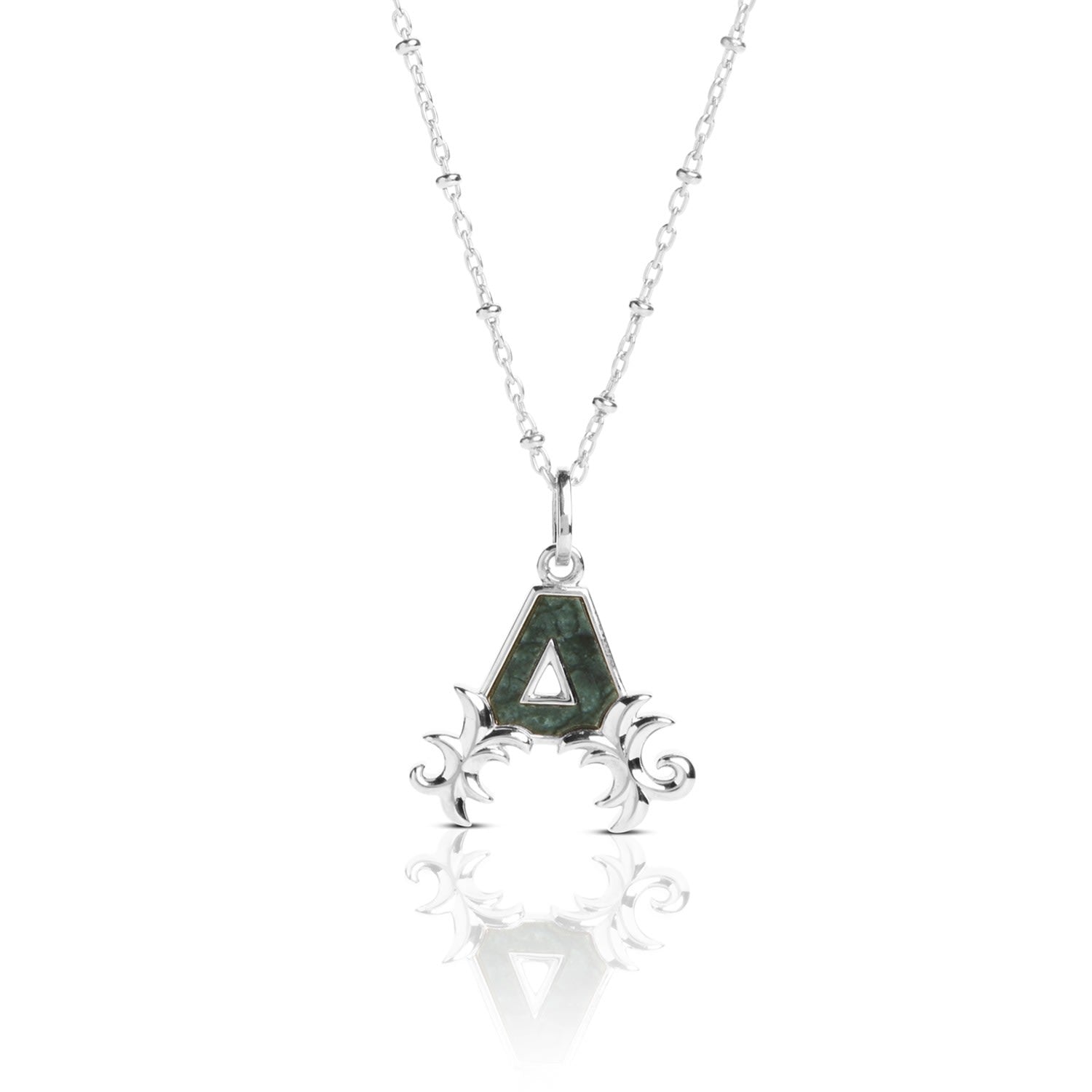 Solid Silver A Initial Necklace With Green Marble