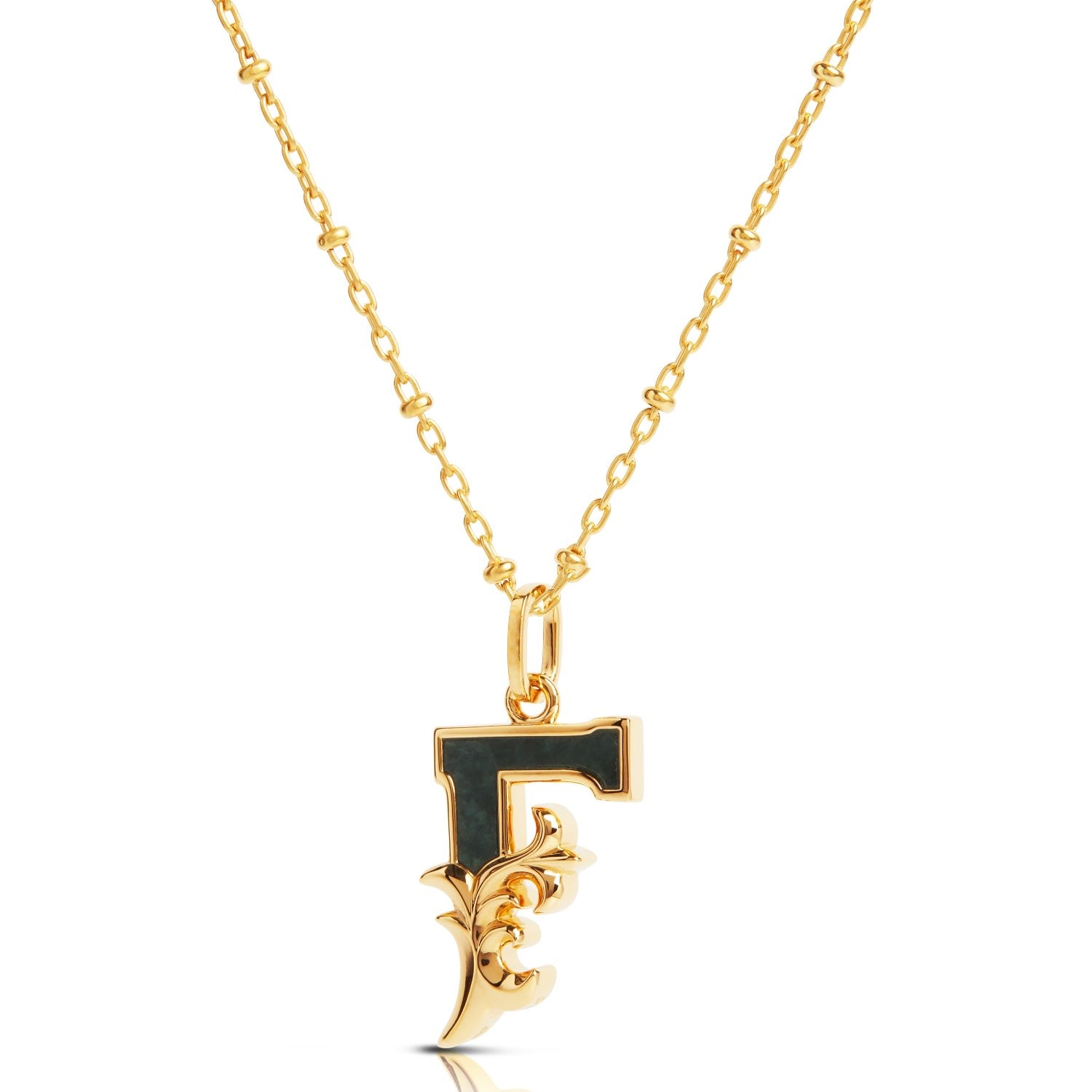 Gold Plated F Initial Necklace With Green Marble