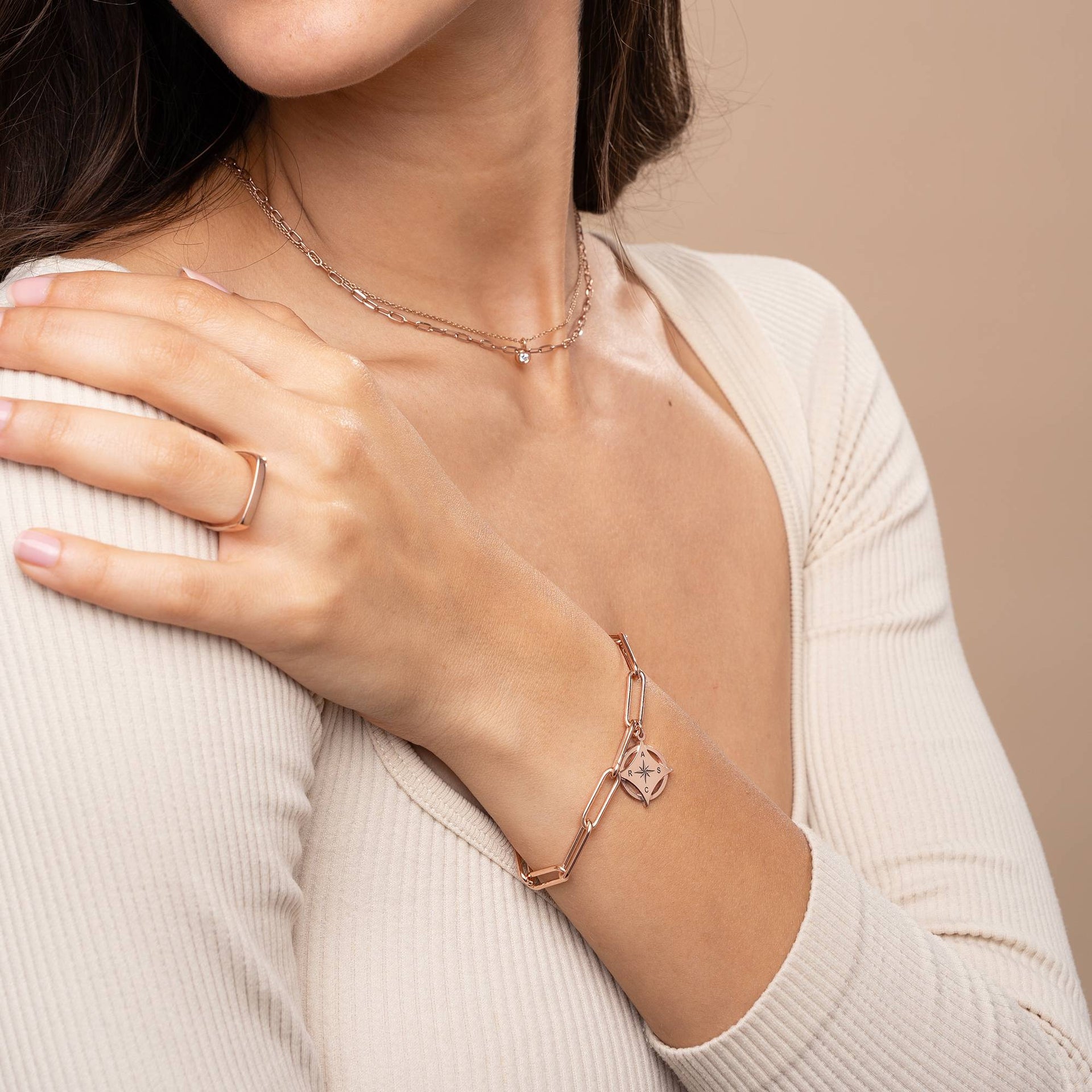 Kaia Initial Compass Bracelet in 18K Rose Gold Plating