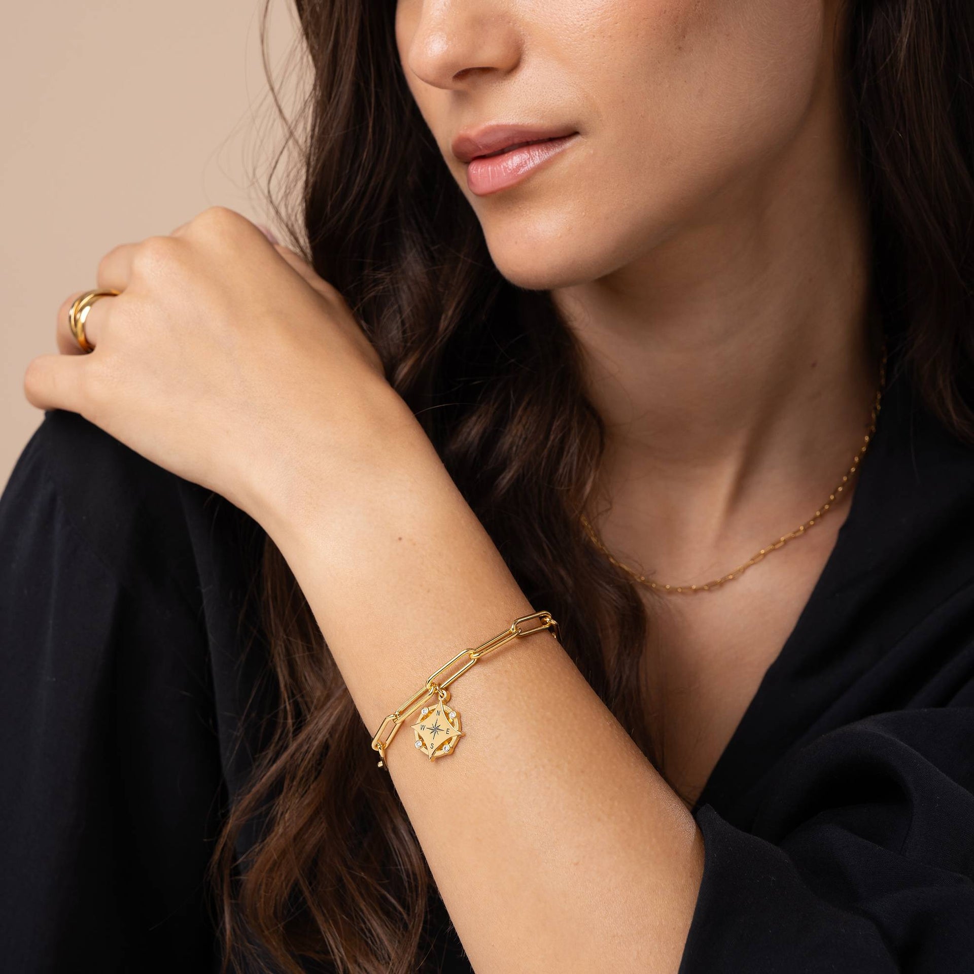 Kaia Initial Compass Bracelet with Diamond in 18K Gold Vermeil