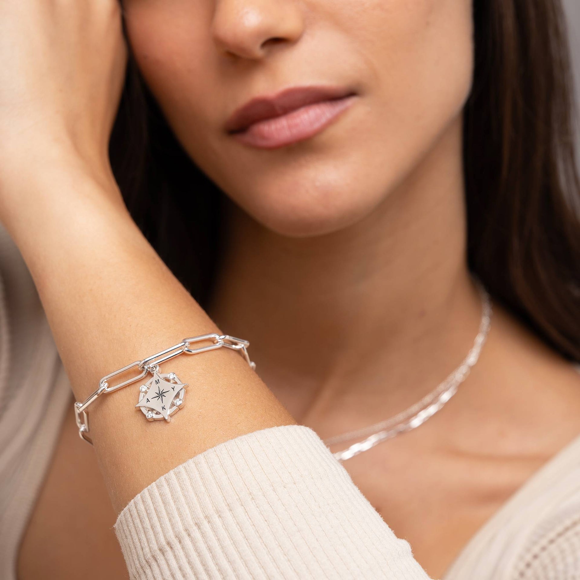 Kaia Initial Compass Bracelet with Diamond in Sterling Silver